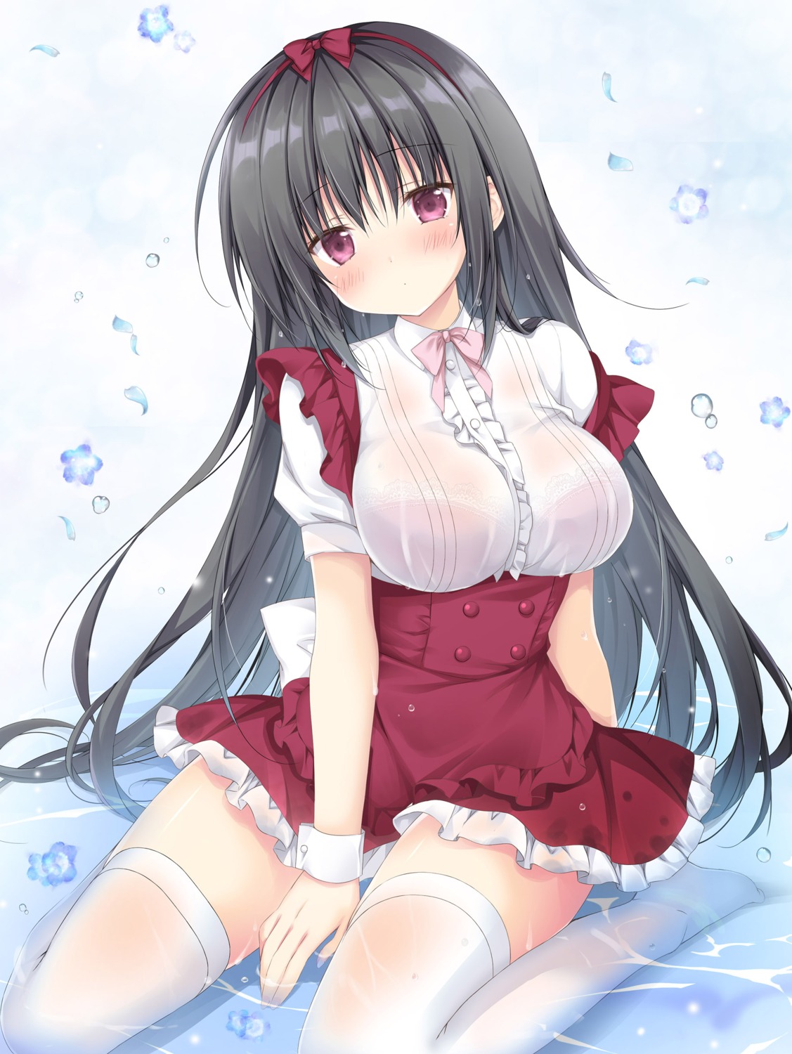 bra korie_riko see_through thighhighs waitress wet wet_clothes