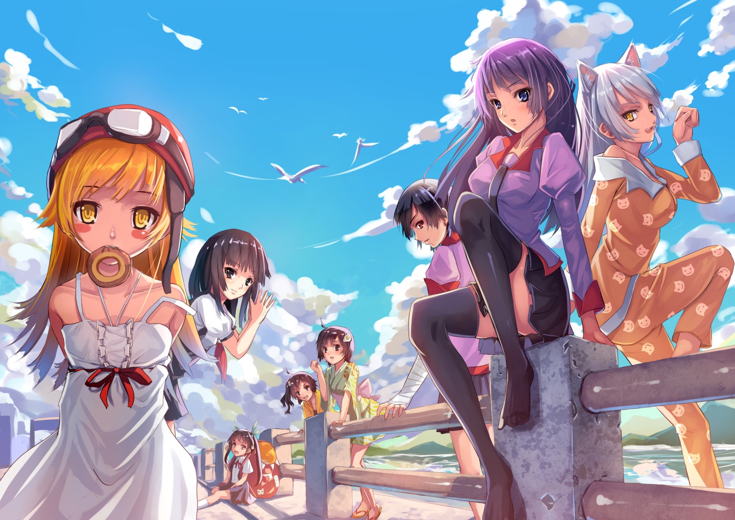 animal_ears araragi_karen araragi_tsukihi bakemonogatari hachikuji_mayoi hanekawa_tsubasa kanbaru_suruga monogatari_(series) musyne_xsk nisemonogatari oshino_shinobu seifuku sengoku_nadeko senjougahara_hitagi thighhighs