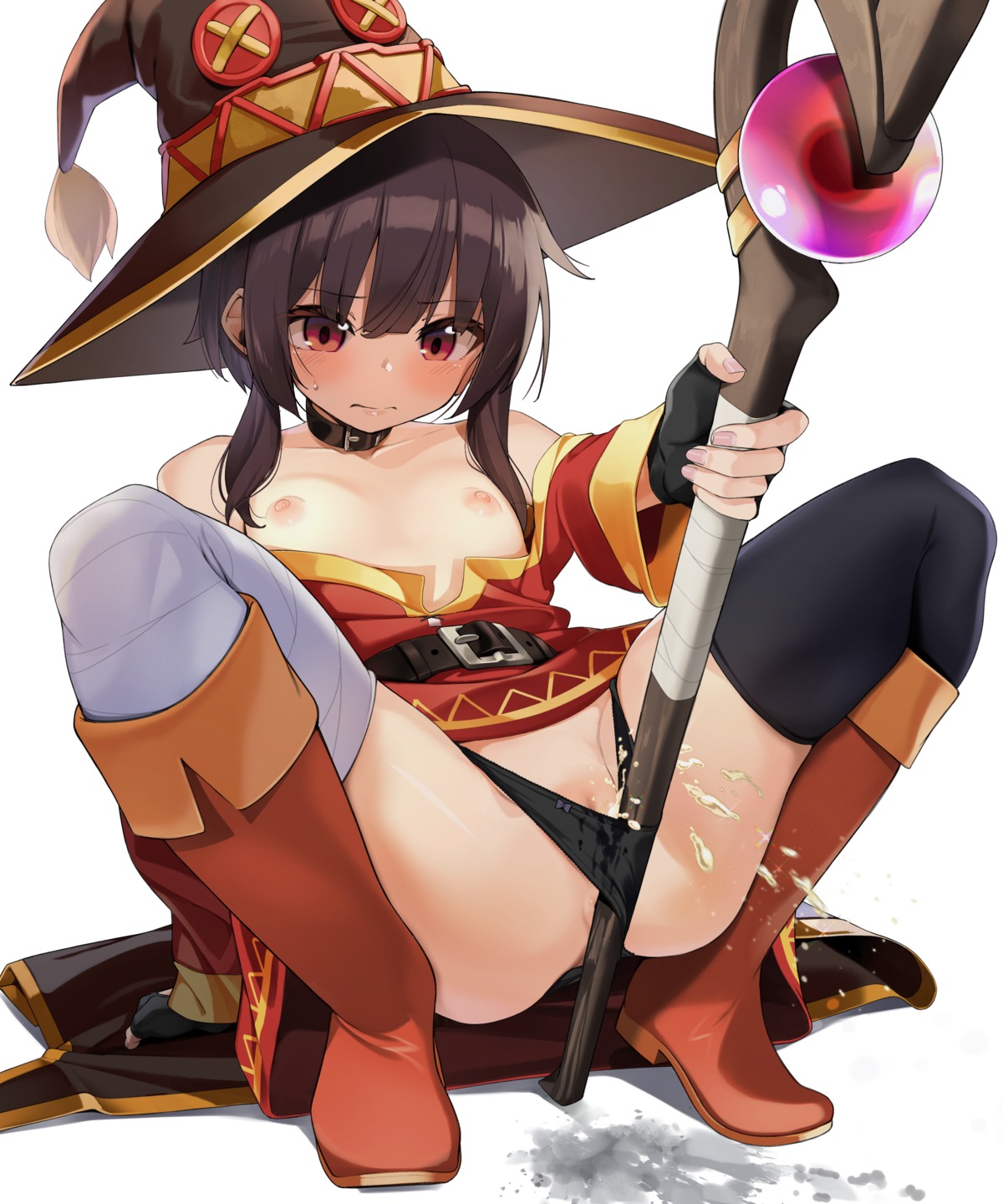 jovejun kono_subarashii_sekai_ni_shukufuku_wo! megumin nipples no_bra open_shirt pantsu panty_pull pee pussy skirt_lift thighhighs thong weapon witch