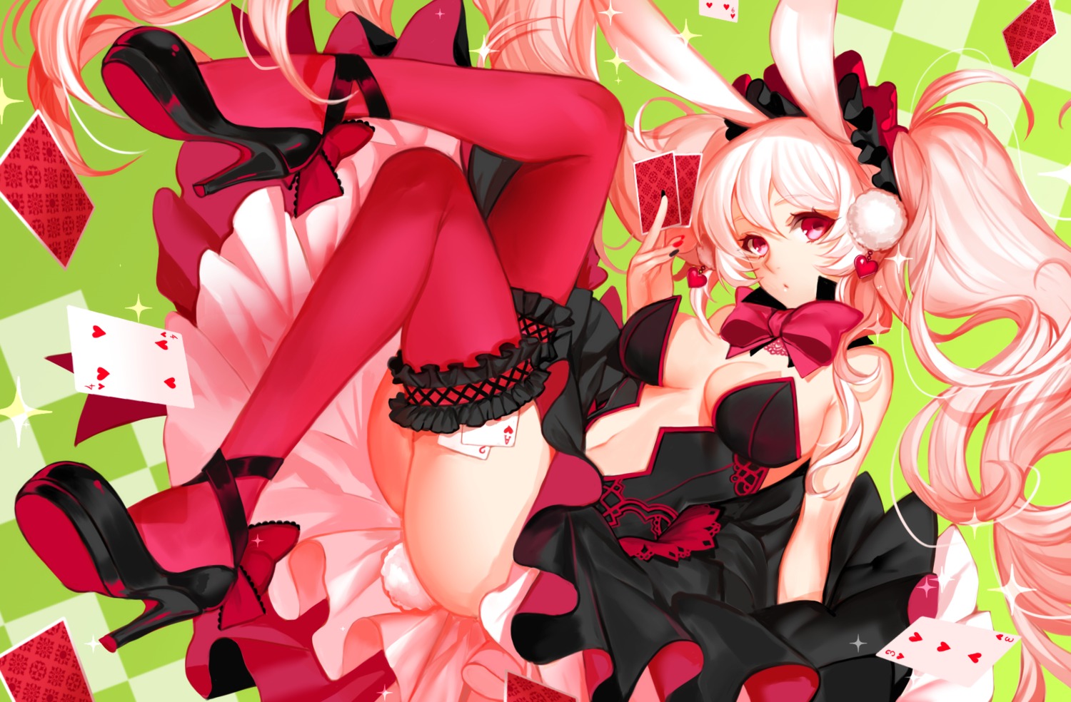 animal_ears apt bunny_ears cleavage dress heels no_bra tail thighhighs