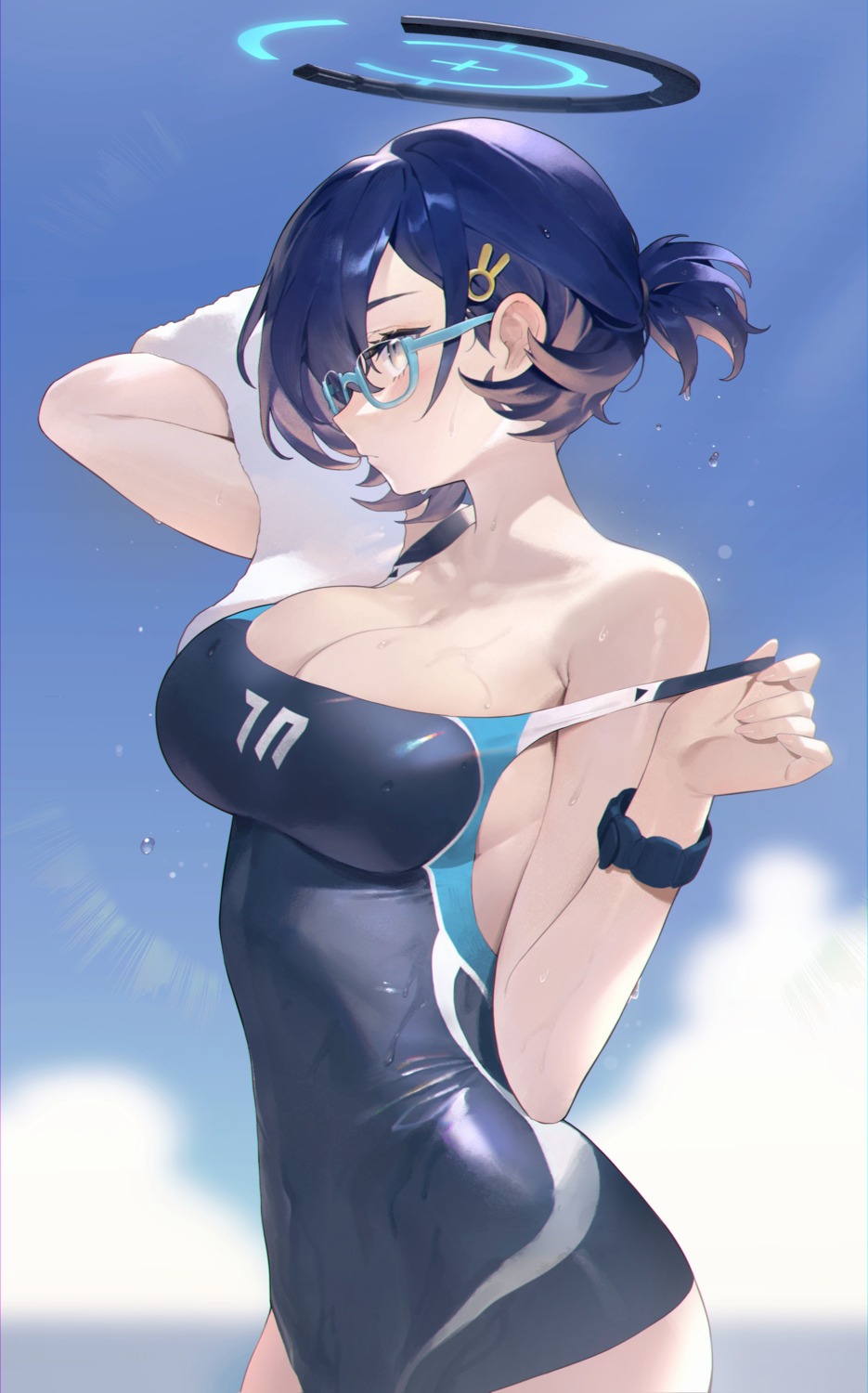 blue_archive halo kagami_chihiro ktr_(tpun2553) megane swimsuits undressing