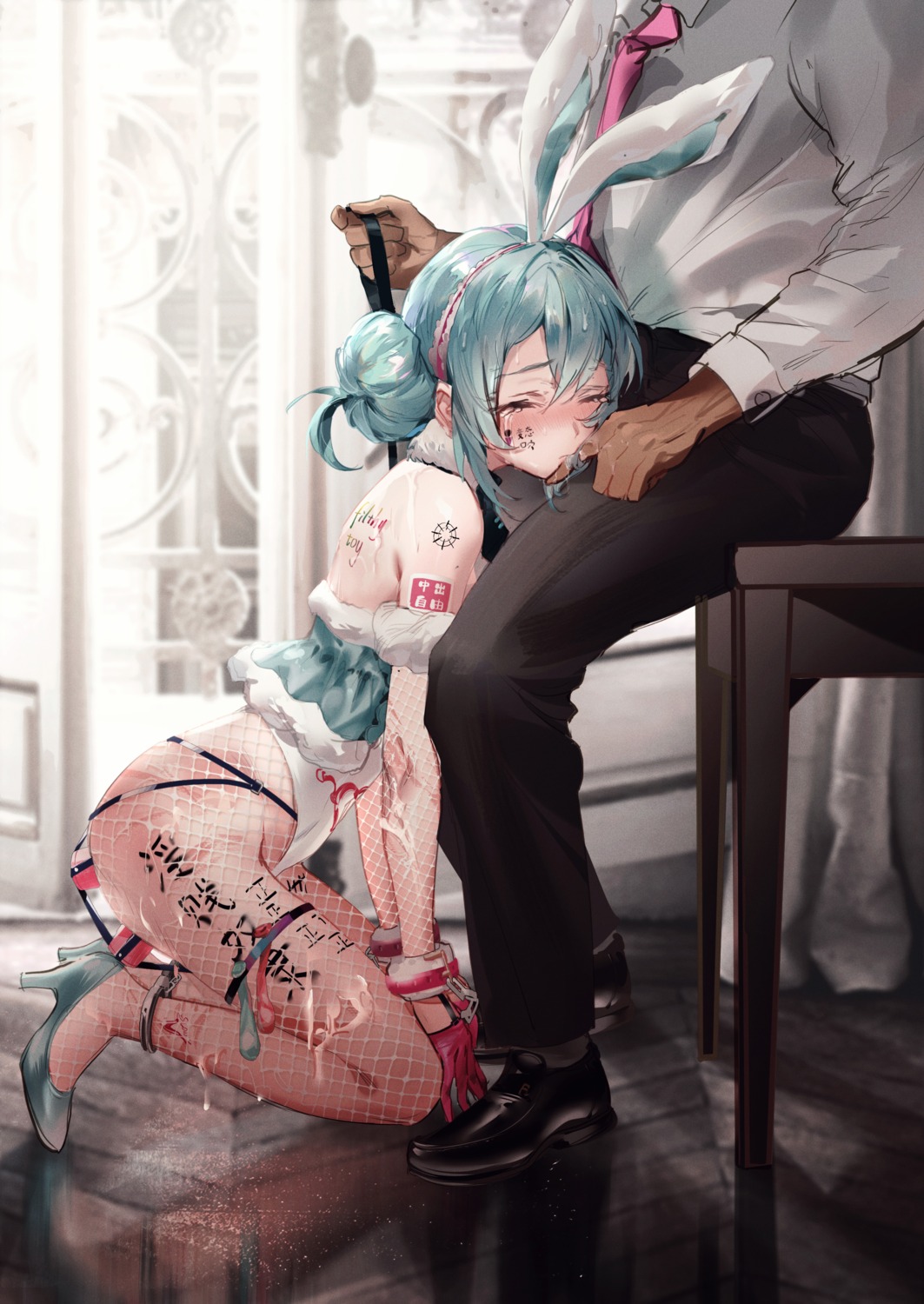 anal animal_ears bicute_bunnies_miku bondage bunny_ears bunny_girl cum dildo fishnets garter hatsune_miku heels no_bra nopan pantyhose tattoo vocaloid ying_yi