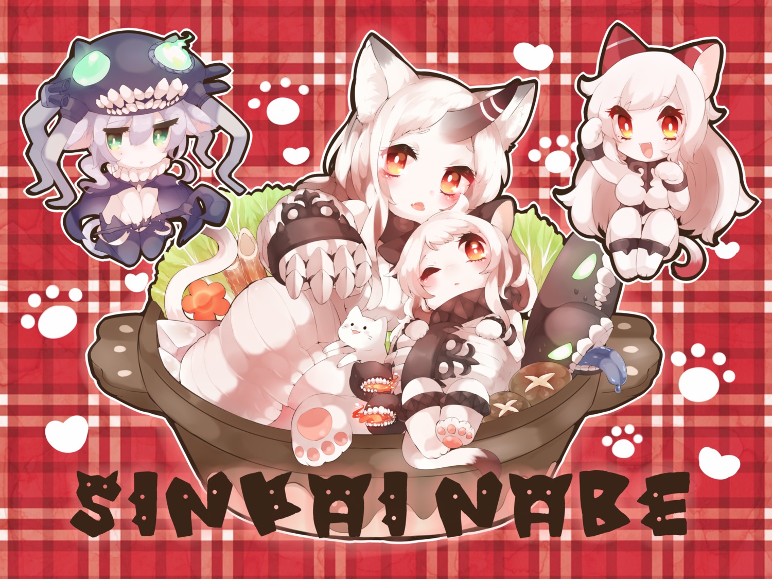 airfield_hime animal_ears chibi horns i-class_destroyer kaenuco kantai_collection neko nekomimi northern_ocean_hime seaport_hime shinkaisei-kan tail wo-class_aircraft_carrier