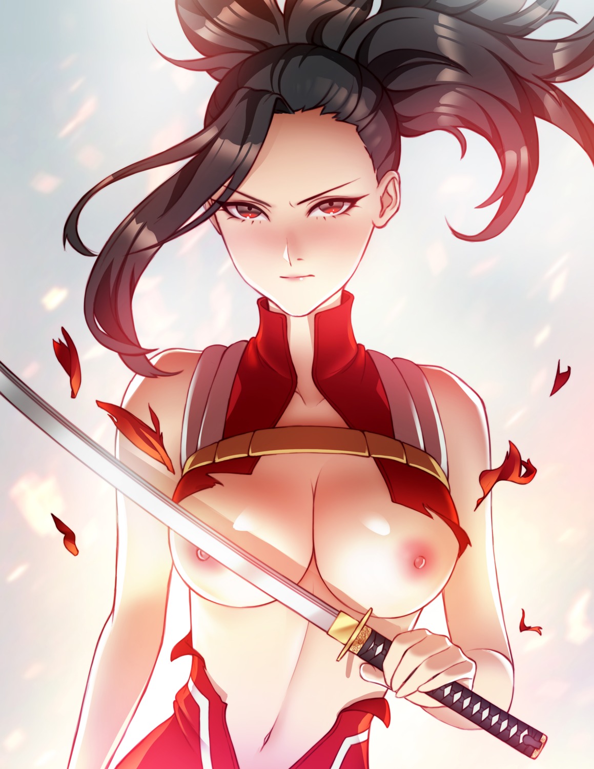 boku_no_hero_academia breasts nipples no_bra pinkladymage sword torn_clothes yaoyorozu_momo