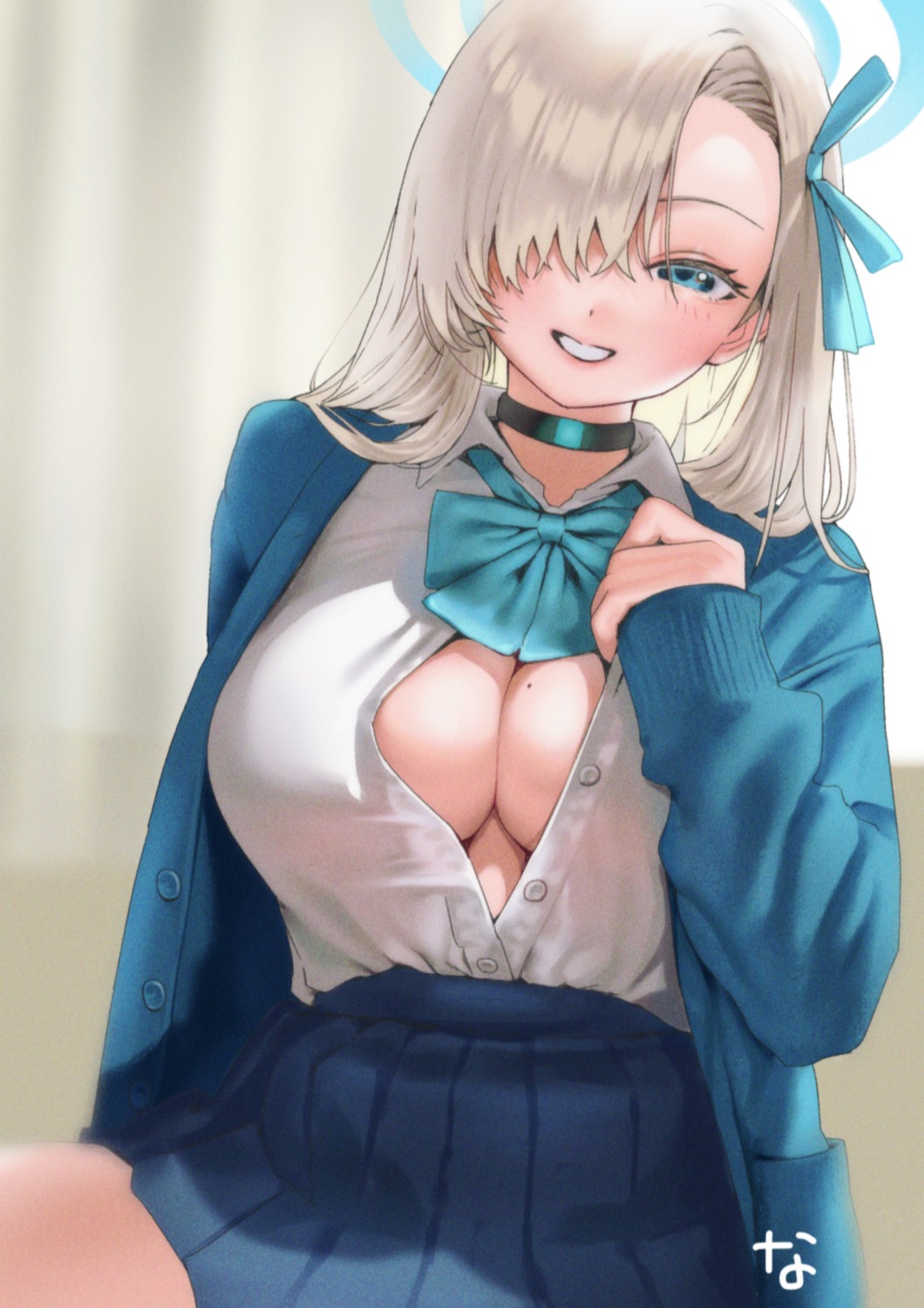 blue_archive halo ichinose_asuna nanja no_bra open_shirt seifuku sweater undressing