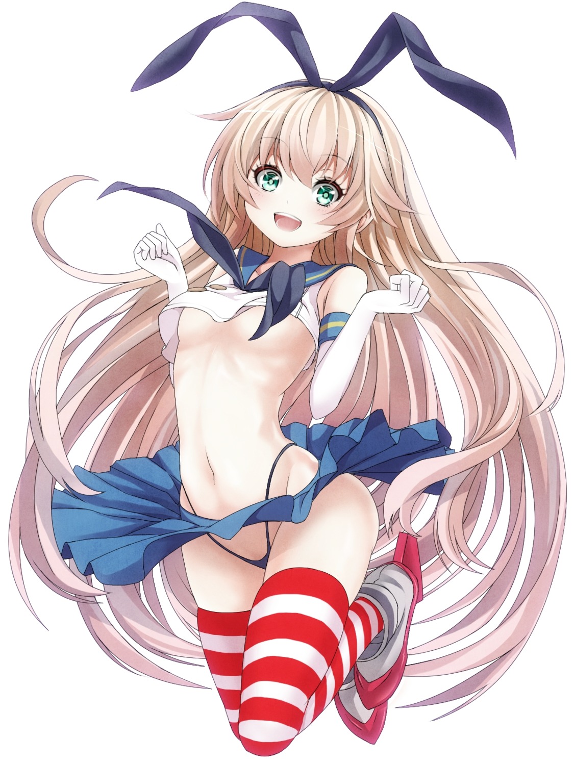 heels kantai_collection mikoma_sanagi no_bra pantsu seifuku shimakaze_(kancolle) shirt_lift skirt_lift thighhighs thong underboob