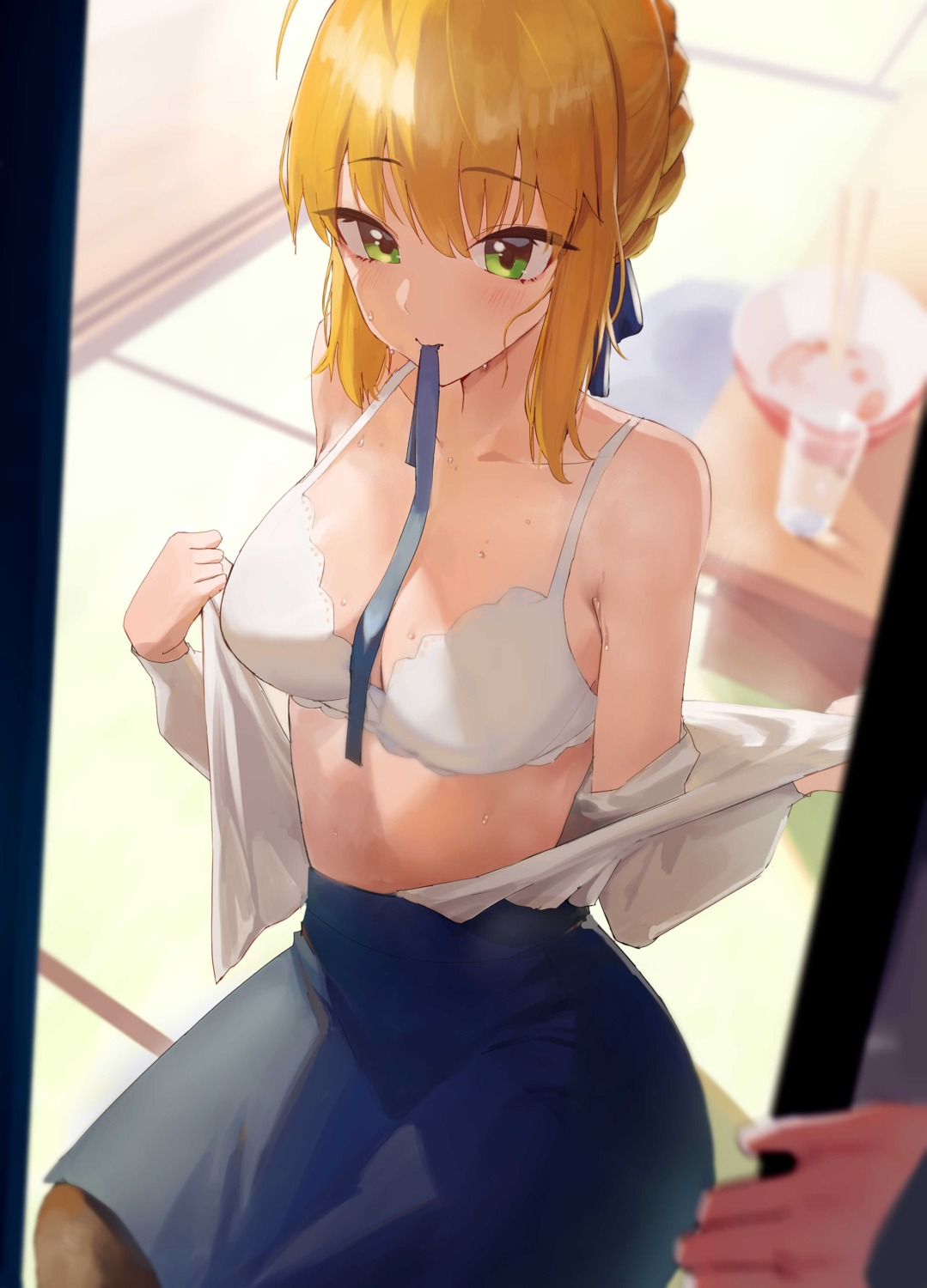 bra cleavage fate/stay_night open_shirt rororo saber undressing wet