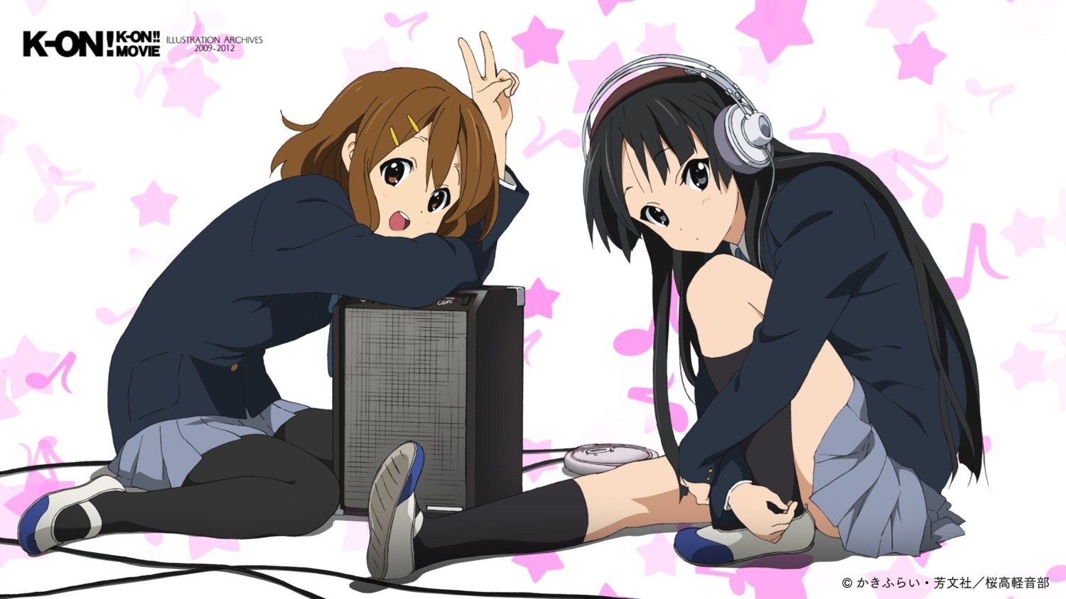 akiyama_mio headphones hirasawa_yui k-on! pantyhose seifuku sezaki_rie wallpaper