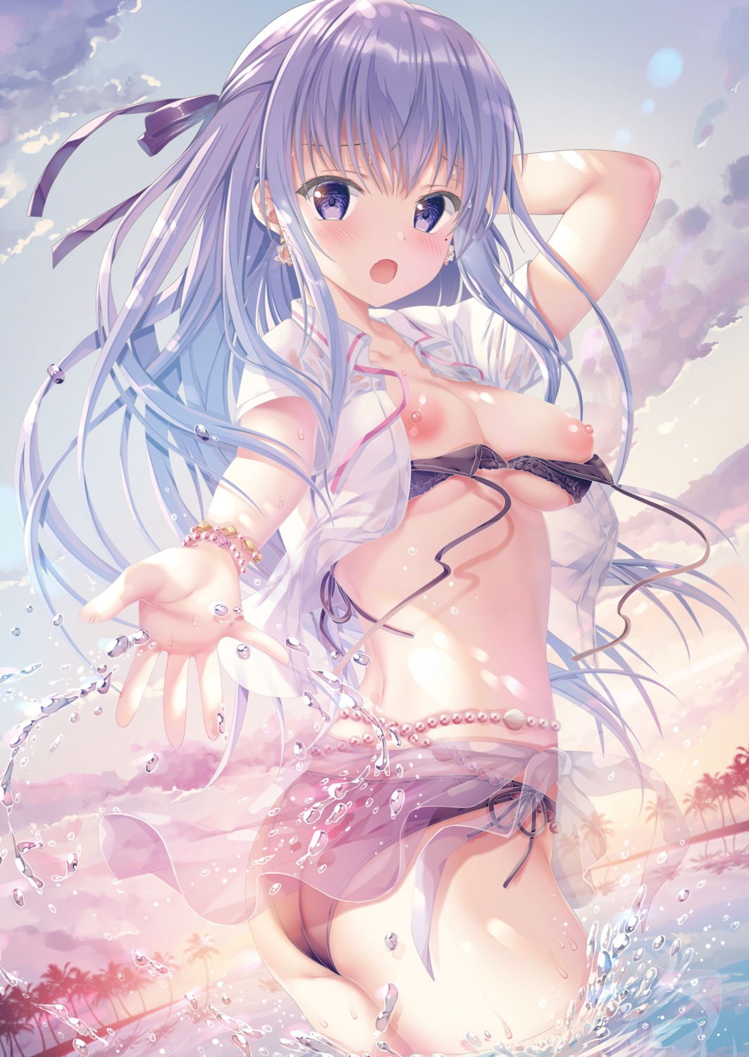 ass bikini breasts detexted hiiragi_asuka_(twinbox) nipples open_shirt see_through seifuku skirt_lift swimsuits twinbox twinbox_school wardrobe_malfunction wet wet_clothes