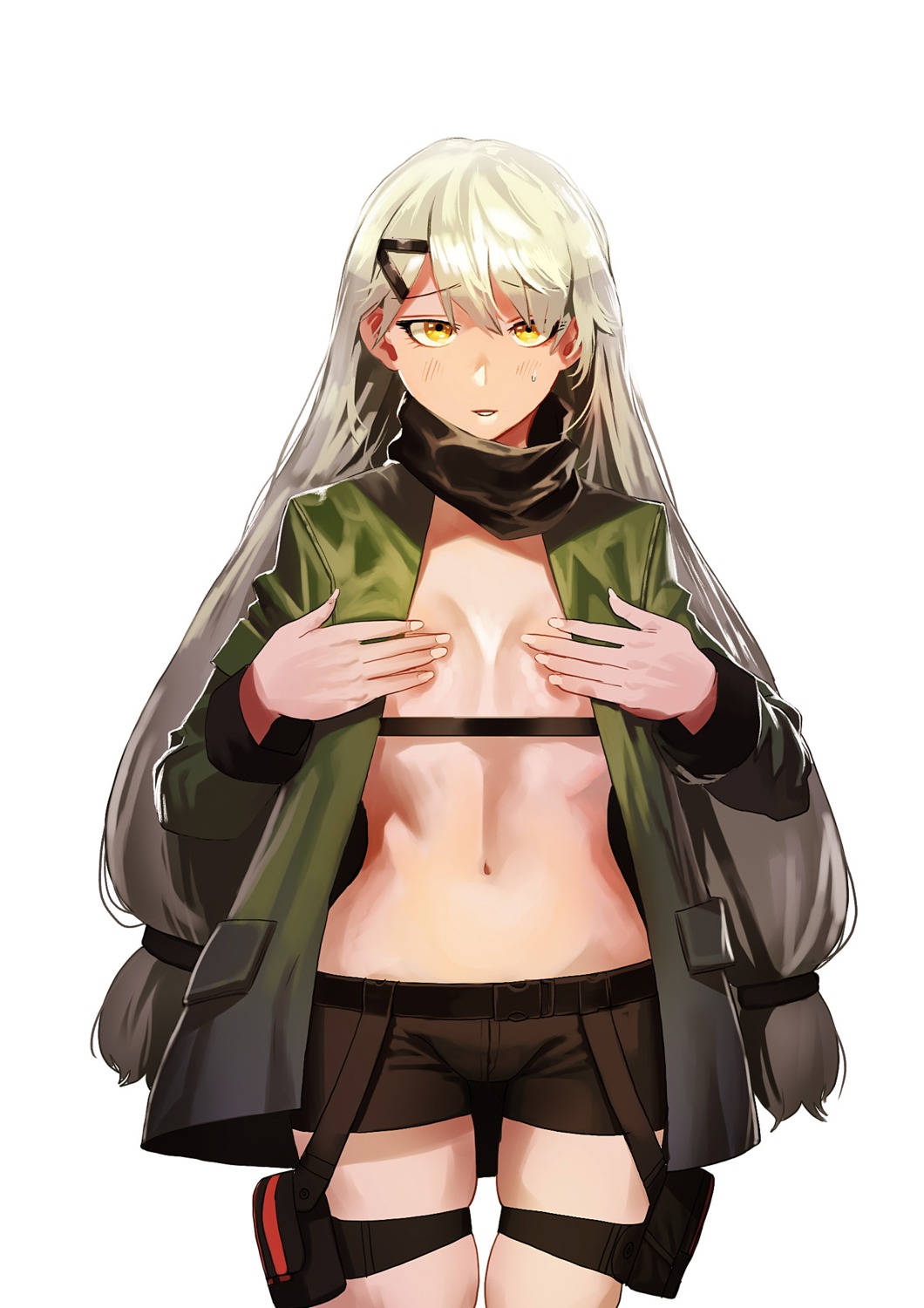 breast_hold girls_frontline ihobus mg4_(girls_frontline) no_bra open_shirt