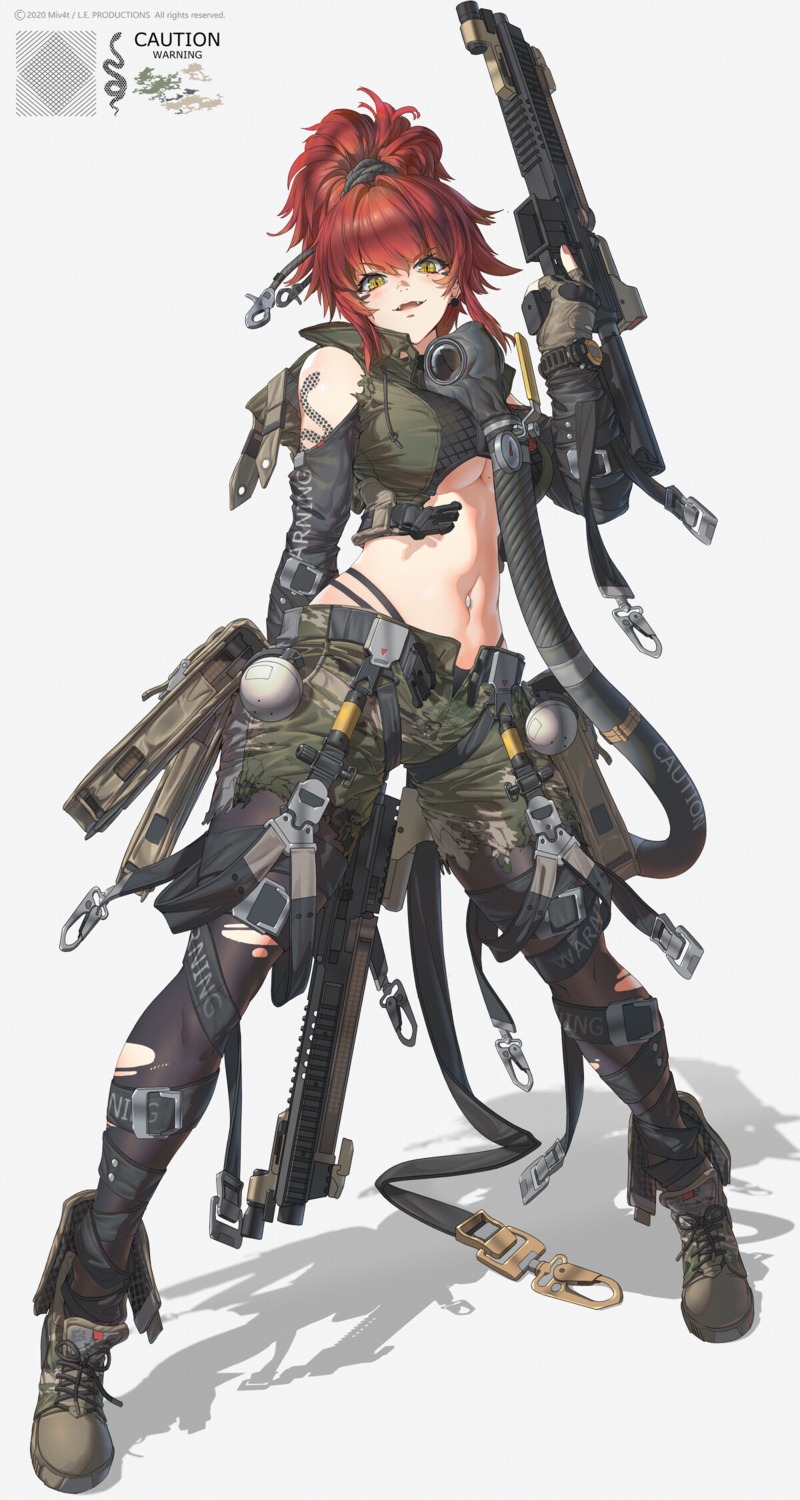 gun miv4t no_bra pantsu pantyhose tattoo torn_clothes underboob