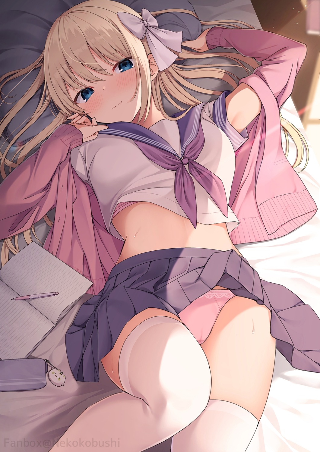 bra cameltoe nekokobushi pantsu seifuku shirt_lift skirt_lift sweater thighhighs