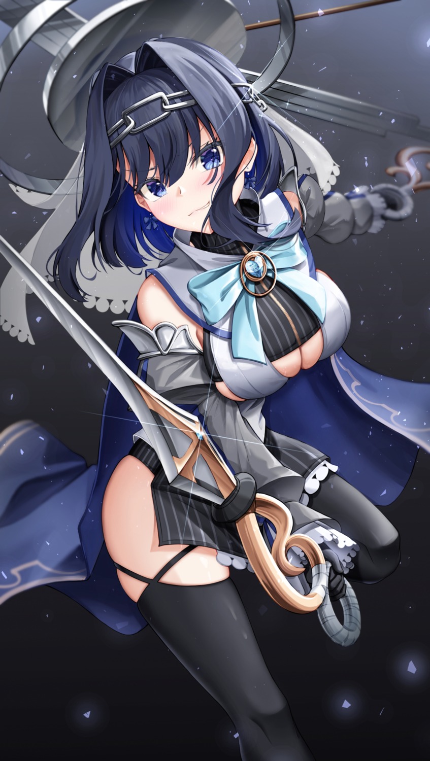 hololive hololive_english lancheu no_bra ouro_kronii thighhighs weapon