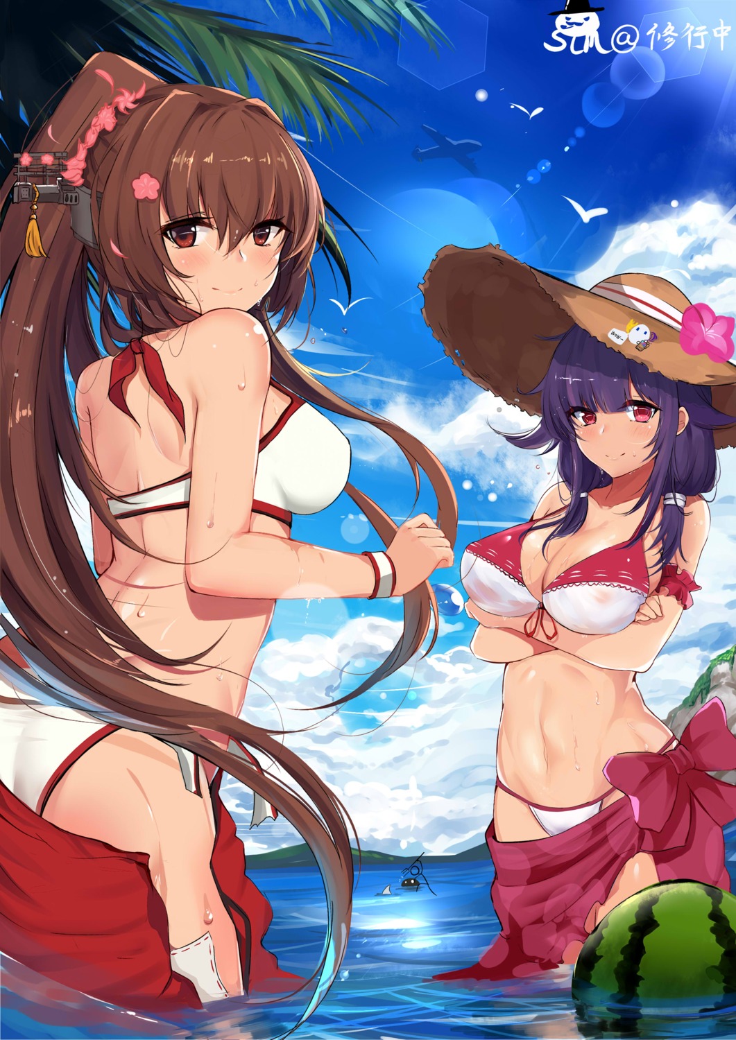 bikini breast_hold cleavage kantai_collection slm swimsuits taigei_(kancolle) wet yamato_(kancolle)