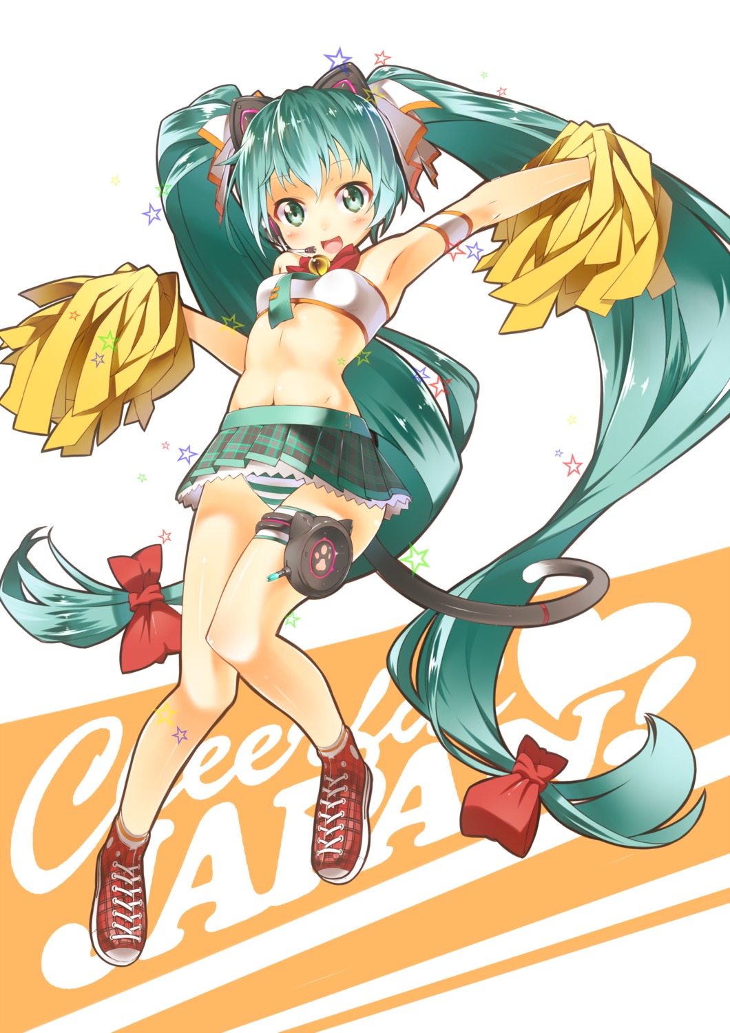 animal_ears cheerleader hatsune_miku kazuma_(kazumav) nekomimi pantsu shimapan tail vocaloid