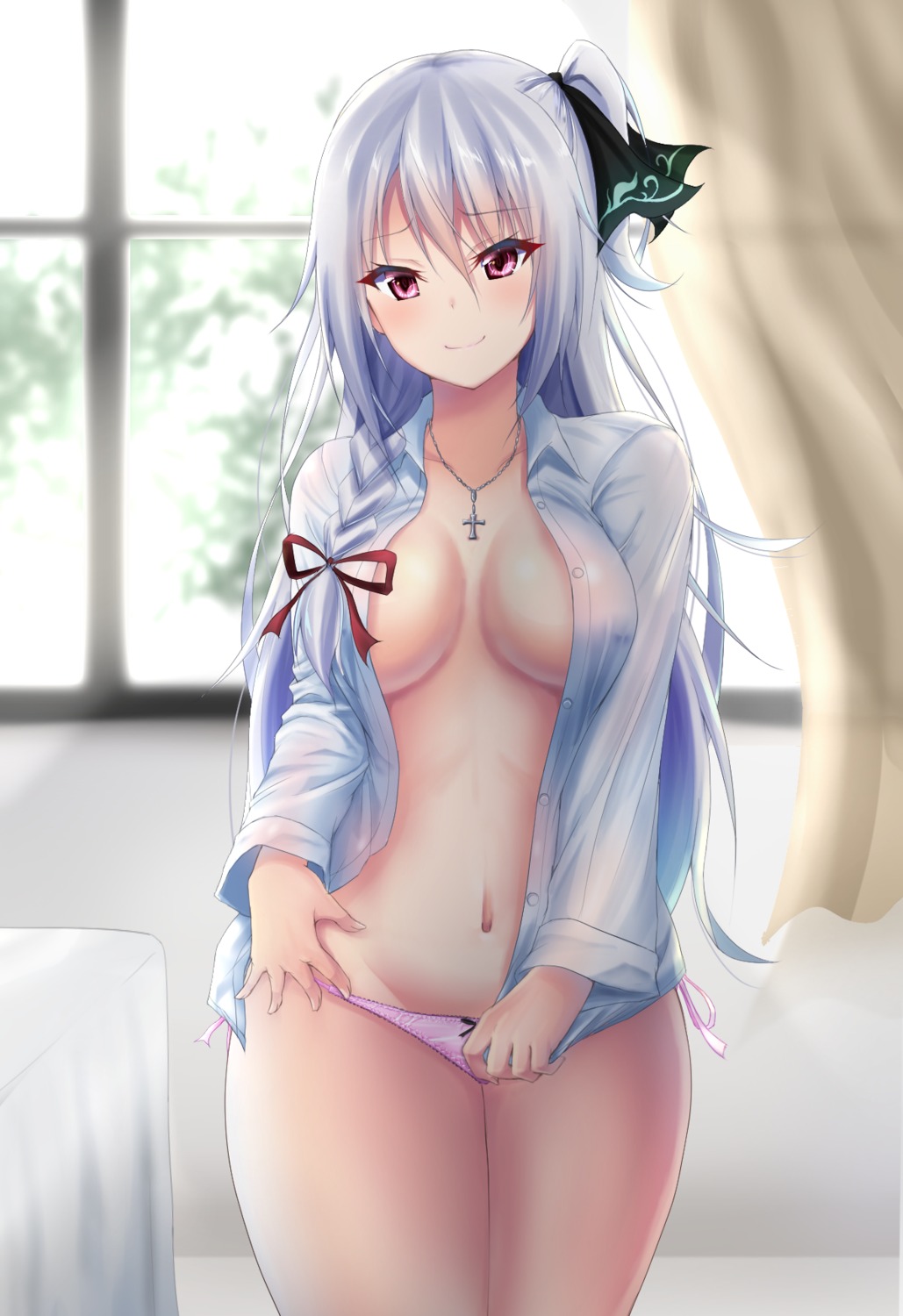 denpa_(denpae29) dress_shirt no_bra open_shirt pantsu string_panties