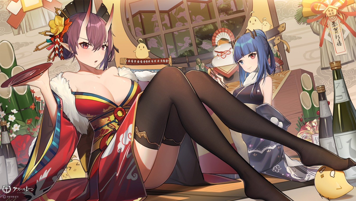 azur_lane cleavage heterochromia horns ibuki_(azur_lane) izumo_(azur_lane) japanese_clothes manjuu_(azur_lane) no_bra open_shirt pointy_ears skirt_lift sword thighhighs xtears_kitsune