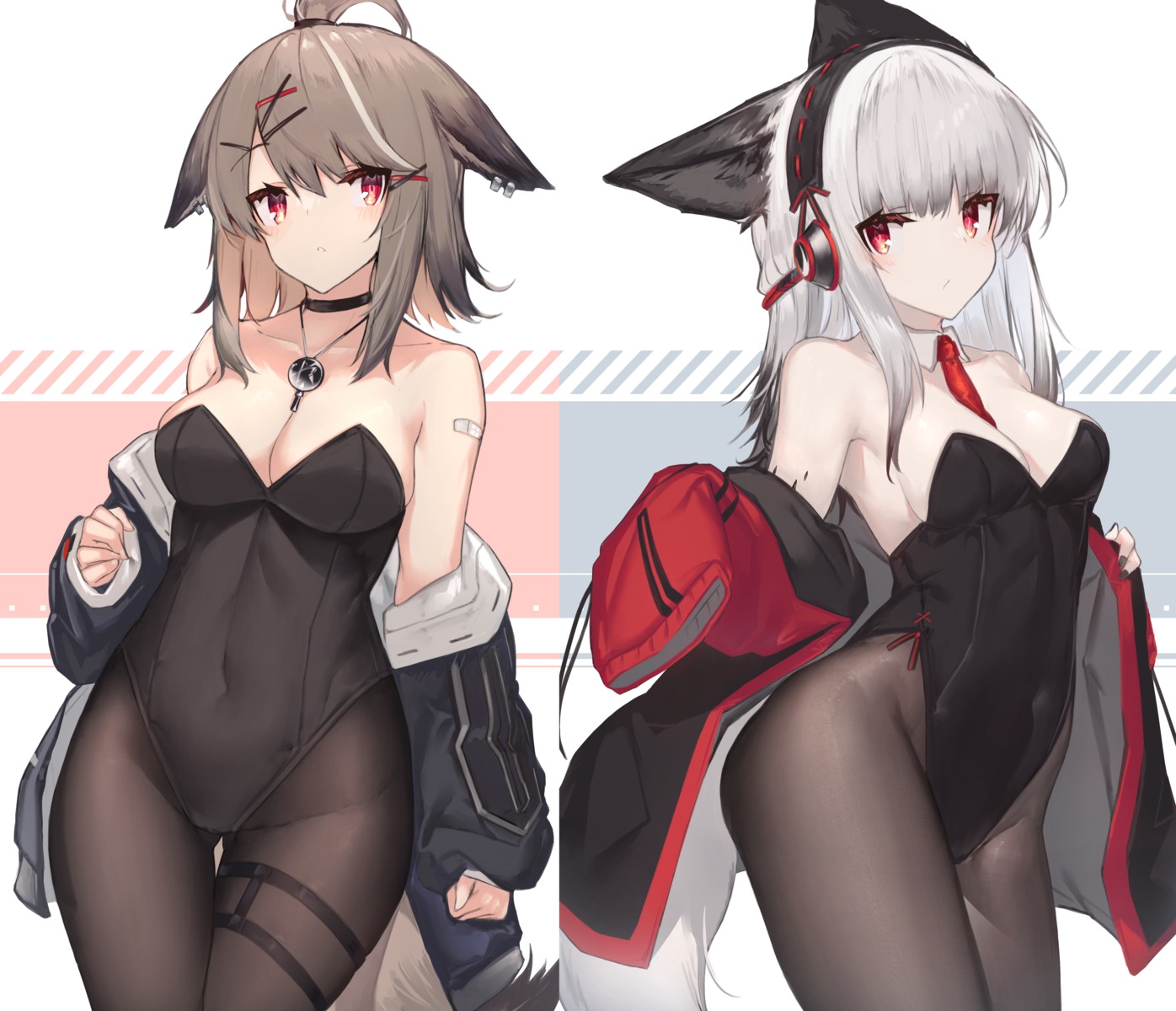 animal_ears arknights bandaid cutter_(arknights) frostleaf_(arknights) garter leotard no_bra pantyhose tail yki