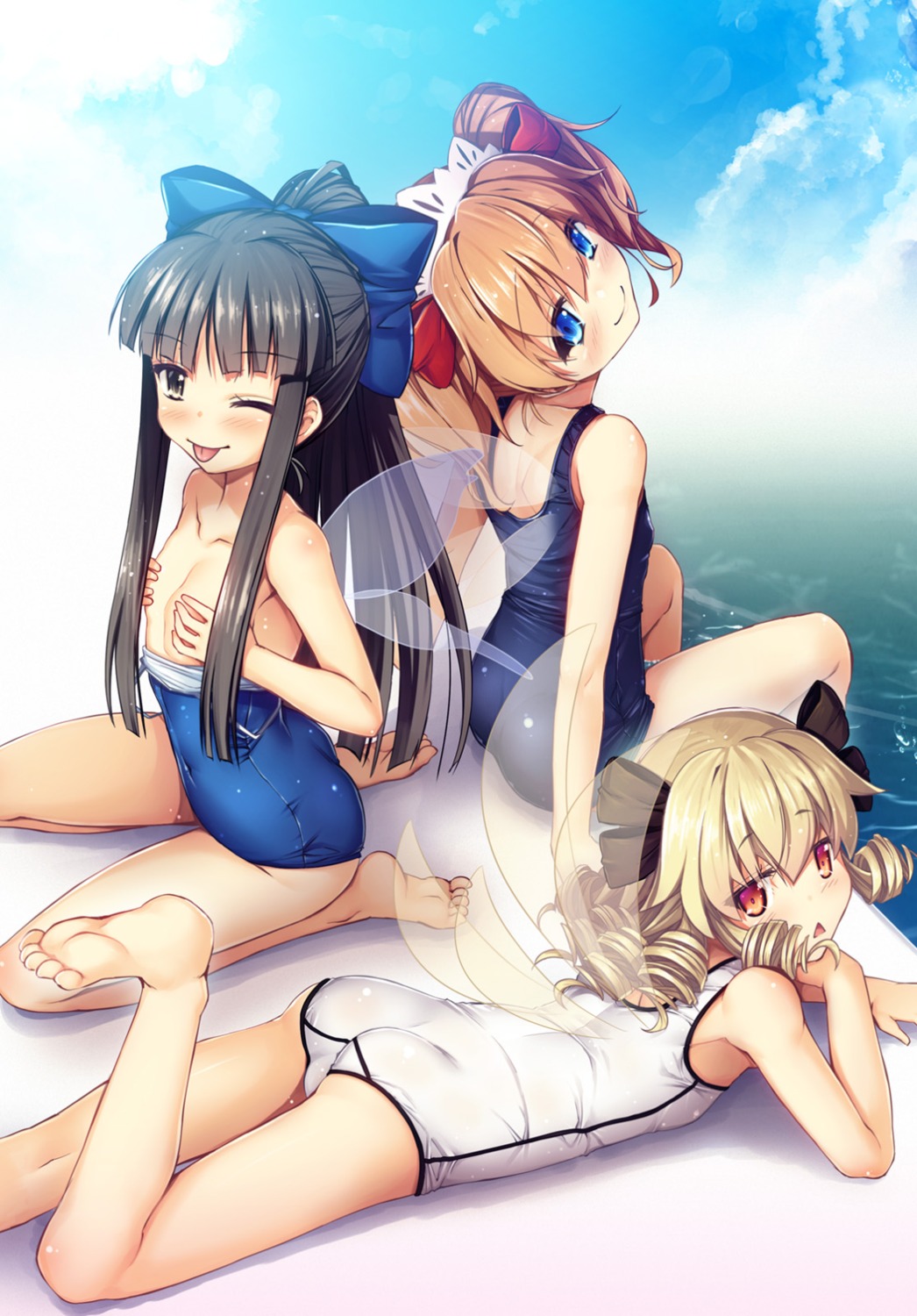 ass breast_hold chima_q feet loli luna_child school_swimsuit star_sapphire sunny_milk swimsuits touhou wet wings