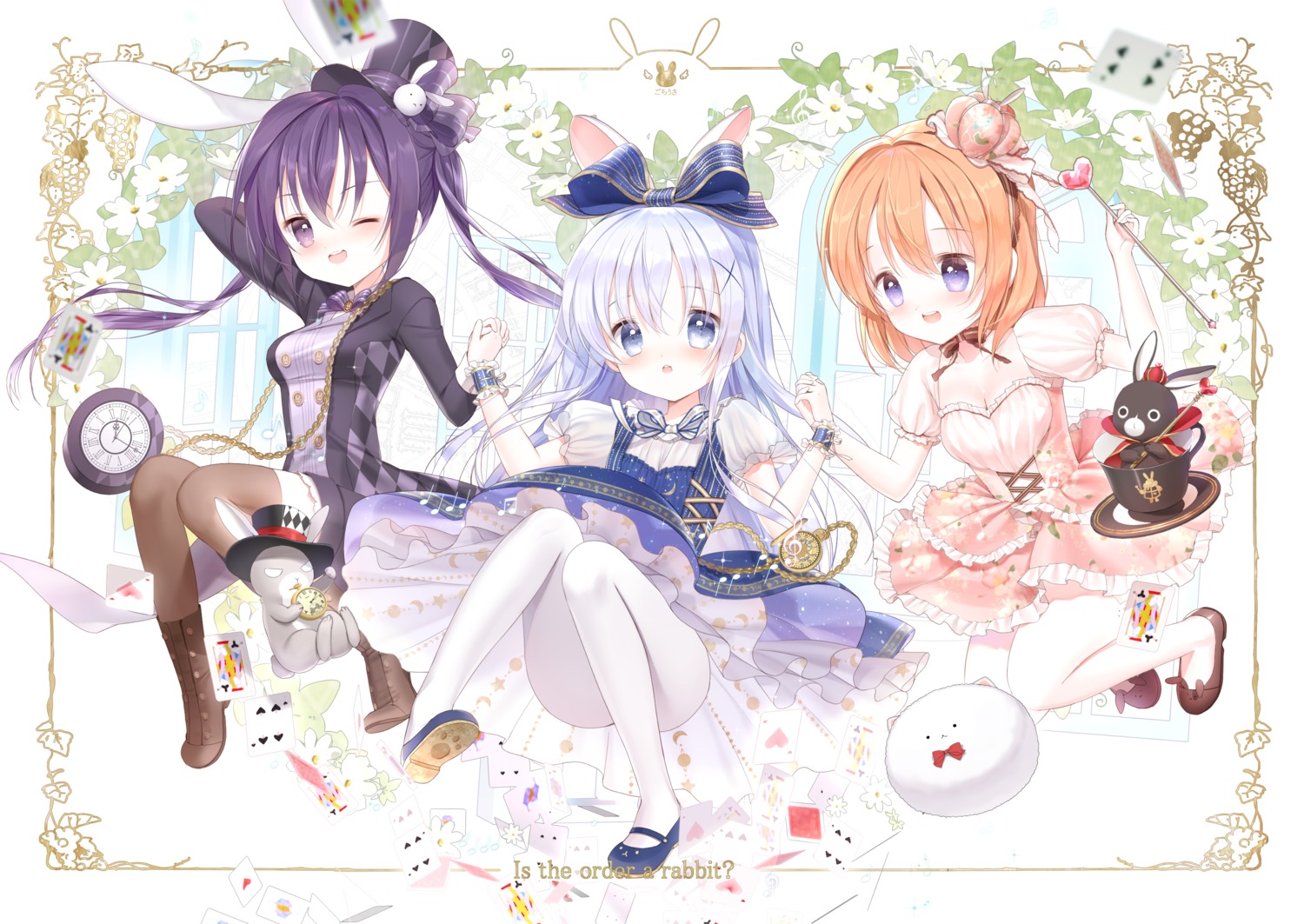 alice_in_wonderland animal_ears anko_(gochuumon_wa_usagi_desuka?) bunny_ears cleavage dress gochuumon_wa_usagi_desu_ka? heels hoto_cocoa kafuu_chino pantyhose siloteddy tedeza_rize thighhighs tippy_(gochuumon_wa_usagi_desu_ka?) wild_geese