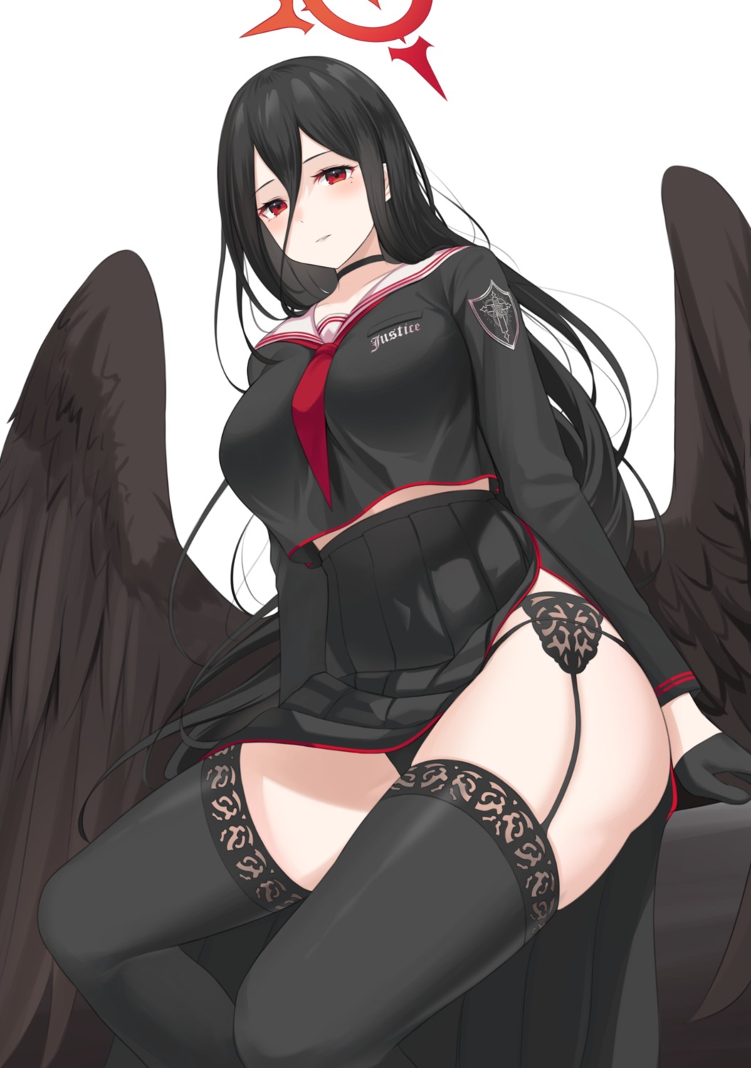 angel blue_archive garter_belt haeil2 hanekawa_hasumi pantsu seifuku skirt_lift stockings thighhighs wings