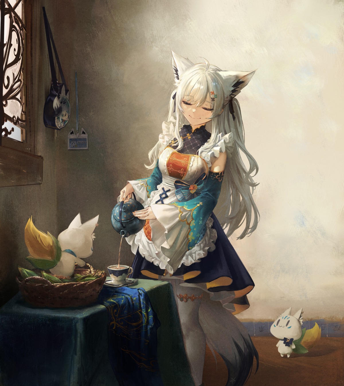 animal_ears asian_clothes garter hololive hololive_gamers hyde_(tabakko) kitsune maid pantyhose shirakami_fubuki tail