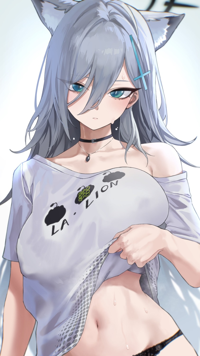 animal_ears blue_archive halo kazane-wind nekomimi no_bra pantsu shiroko_terror shirt_lift sunaookami_shiroko undressing