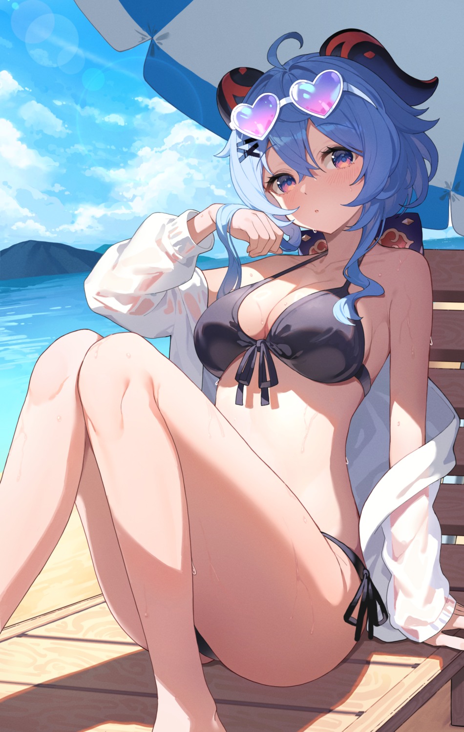 akae_neo artist_revision bikini ganyu genshin_impact horns megane open_shirt see_through swimsuits wet