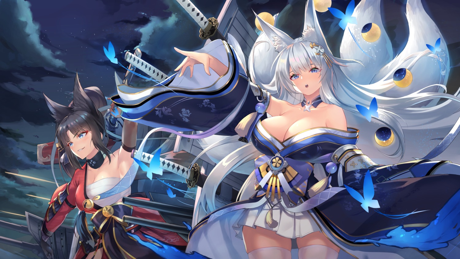 animal_ears azur_lane japanese_clothes kii_(azur_lane) kitsune no_bra open_shirt sarashi shimozuki_shio shinano_(azur_lane) sword tail thighhighs