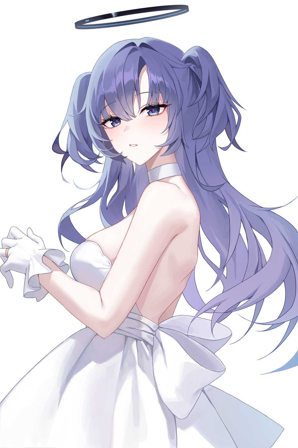 blue_archive dress halo hayase_yuuka no_bra raki_kr wedding_dress