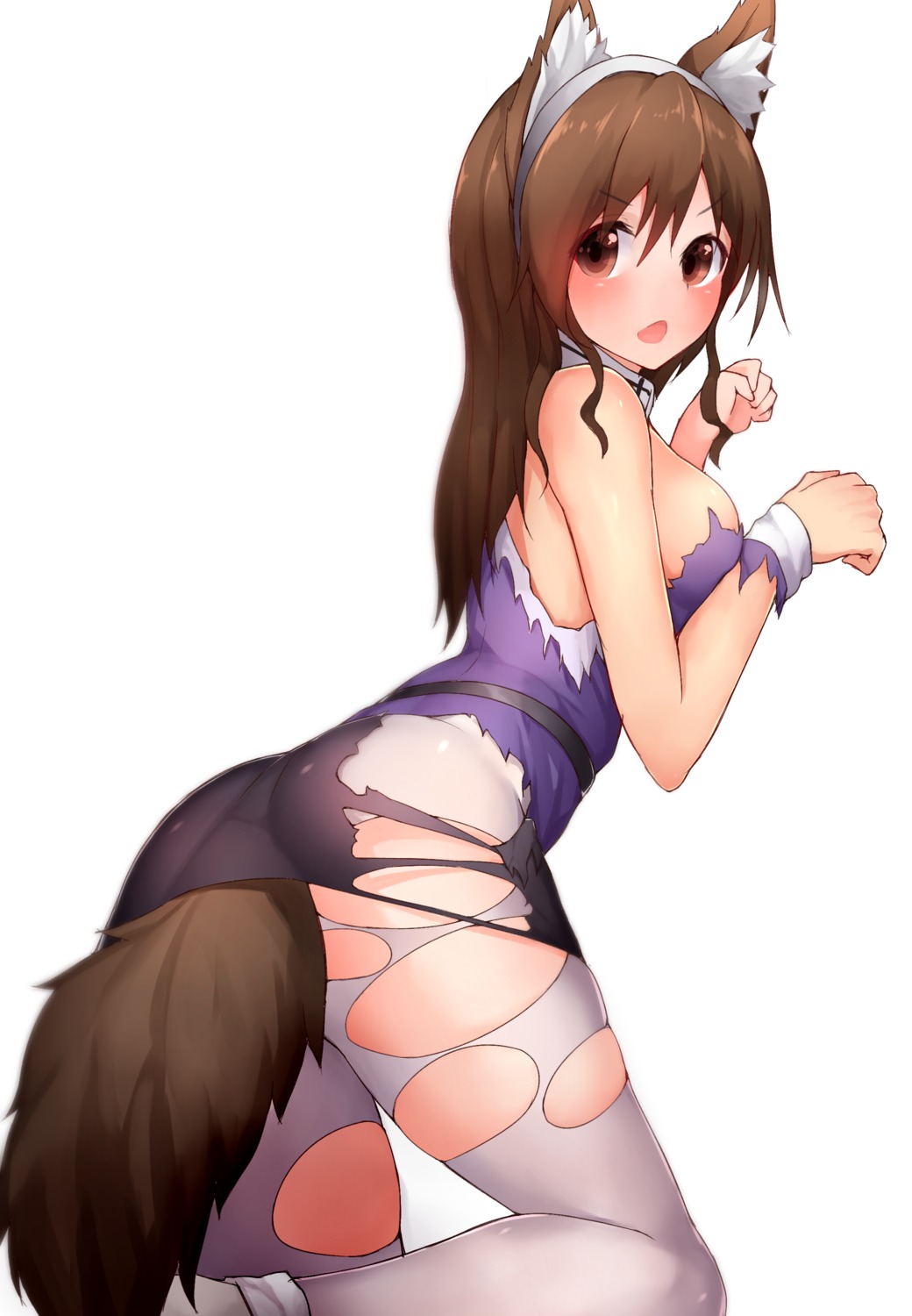 animal_ears ashigara_(kancolle) ass boruhis dress kantai_collection no_bra pantyhose tail torn_clothes