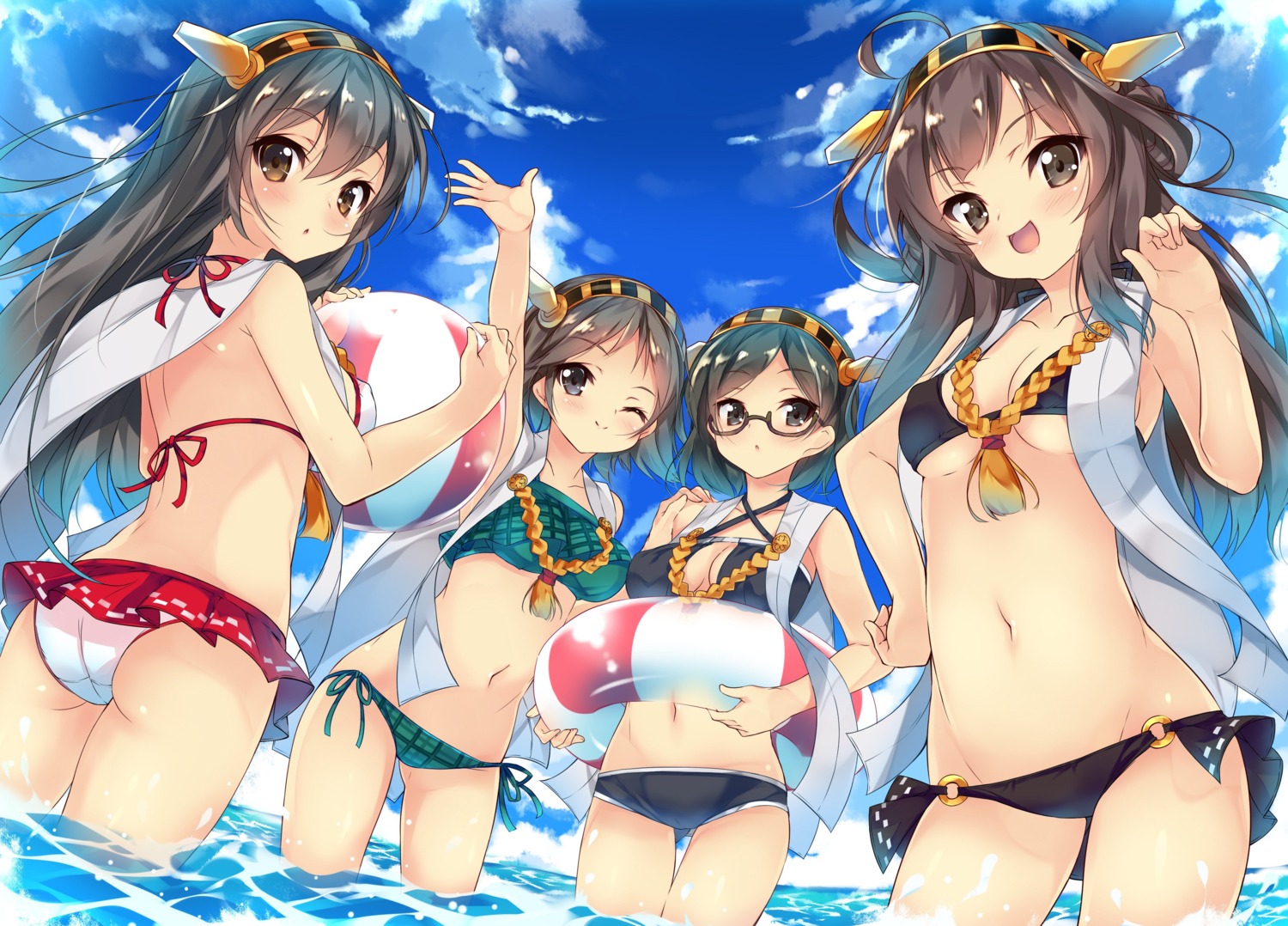 ass bikini cleavage haruna_(kancolle) hiei_(kancolle) kantai_collection kirishima_(kancolle) kongou_(kancolle) mayuzaki_yuu megane open_shirt swimsuits underboob wet