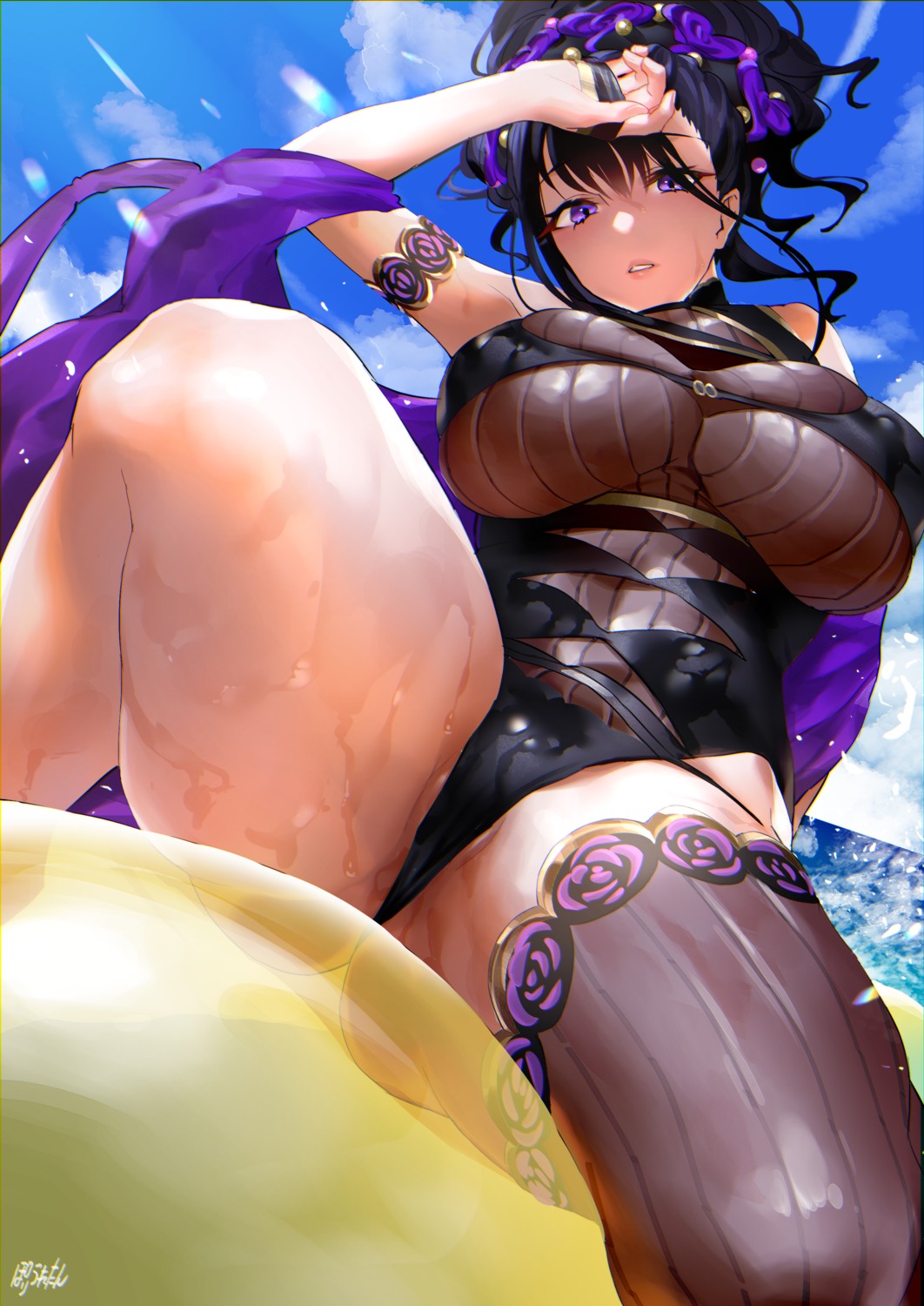 erect_nipples fate/grand_order murasaki_shikibu_(fate) poriuretan swimsuits thighhighs wet