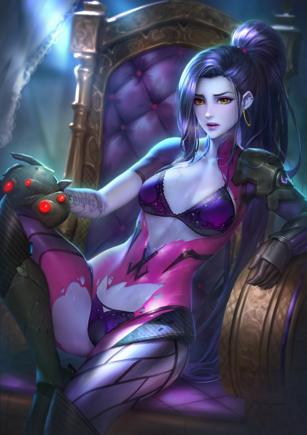 bodysuit bra nudtawut_thongmai overwatch pantsu tattoo torn_clothes widowmaker