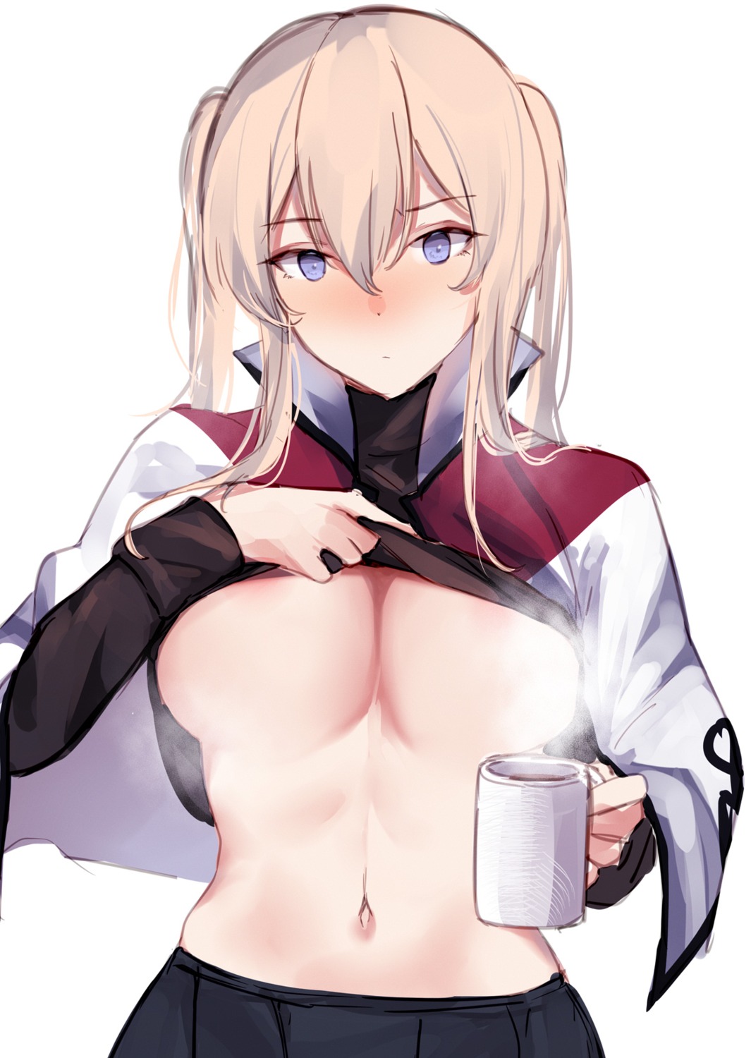 graf_zeppelin_(kancolle) kagurazaka_miyabi kantai_collection no_bra shirt_lift undressing uniform