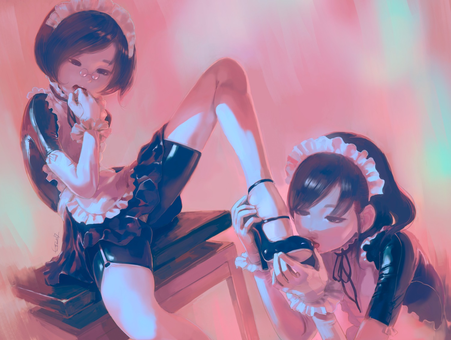 1=2 bodysuit heels loli maid megane skirt_lift stockings thighhighs yuri