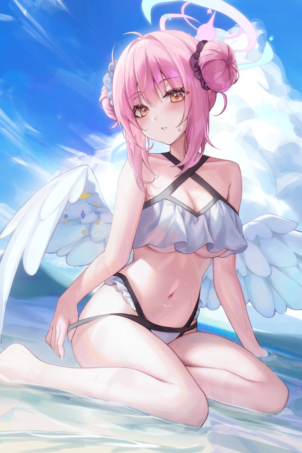 1yu_x angel bikini blue_archive misono_mika see_through swimsuits undressing wet wings
