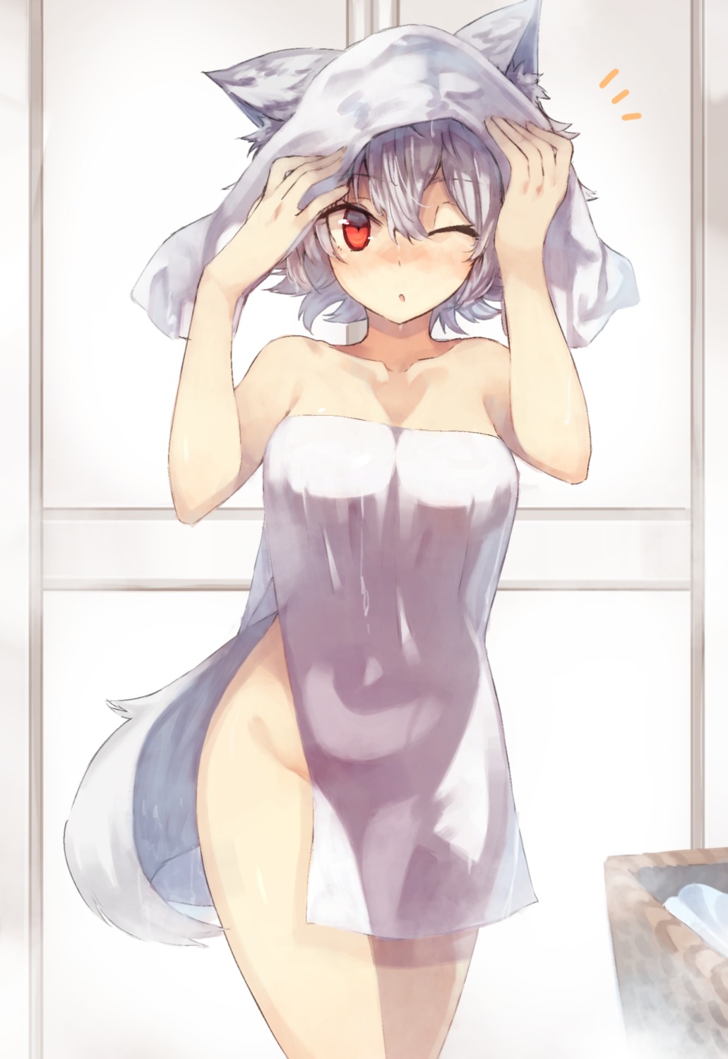 animal_ears bei_mochi inubashiri_momiji naked see_through tail touhou towel