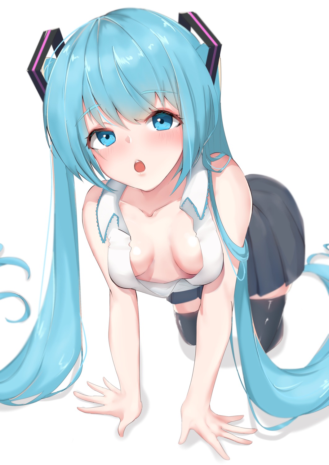 hatsune_miku neko_no_suke_(nekoneco118) no_bra open_shirt thighhighs vocaloid