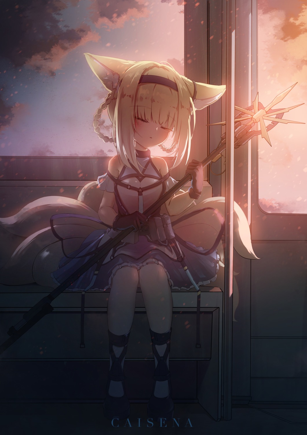 animal_ears arknights caisena kitsune suzuran_(arknights) tail weapon