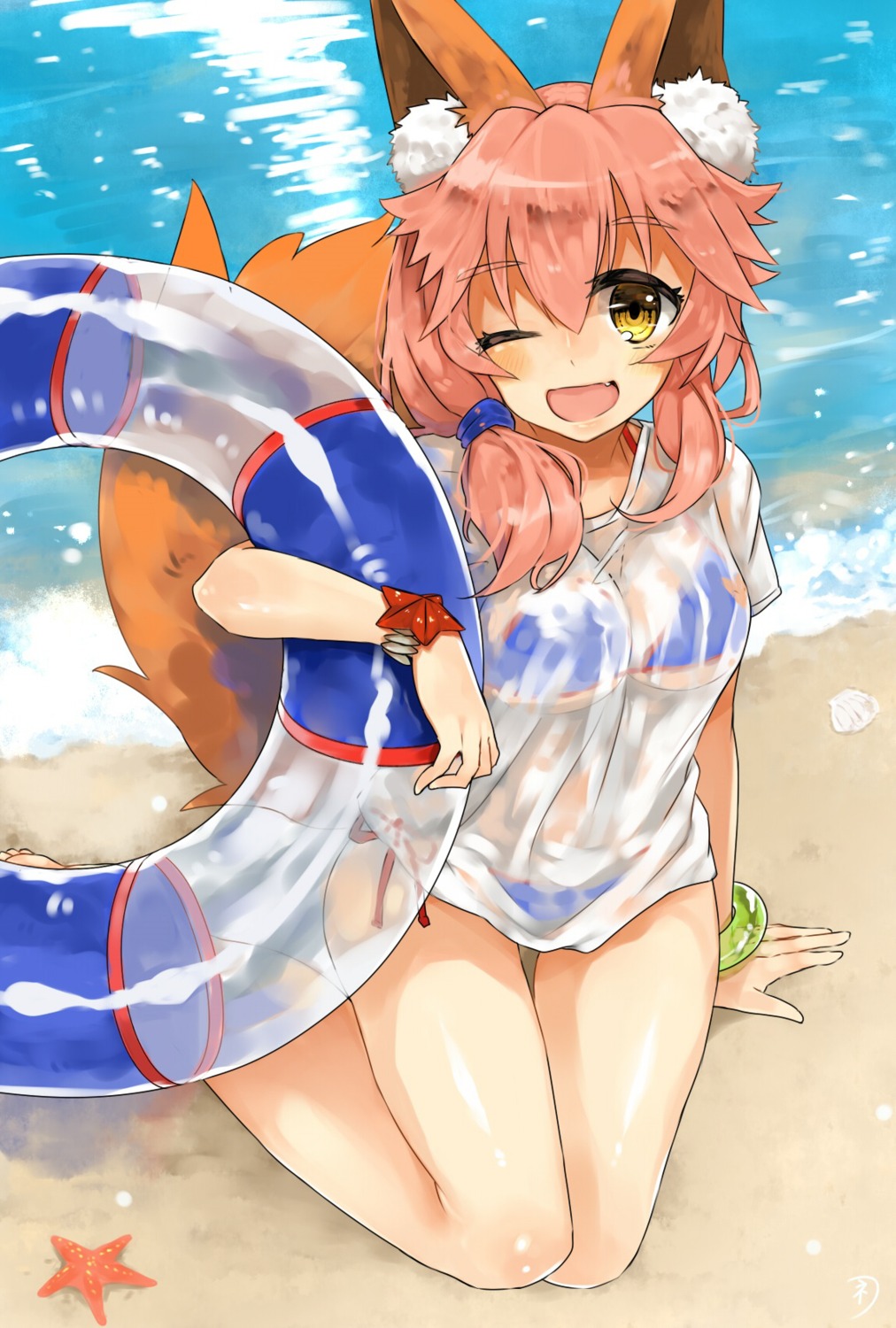 animal_ears bikini fate/extra fate/stay_night kitsune niseneko_(mofumofu_ga_ienai) see_through swimsuits tail tamamo_no_mae wet_clothes