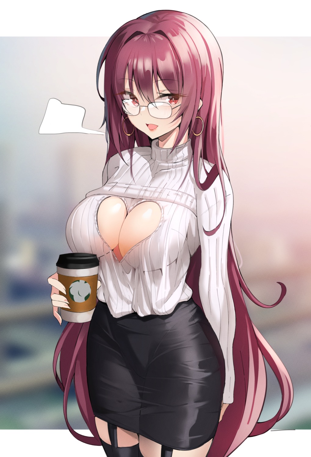 cleavage fate/grand_order k_pring megane no_bra scathach_(fate/grand_order) stockings sweater thighhighs