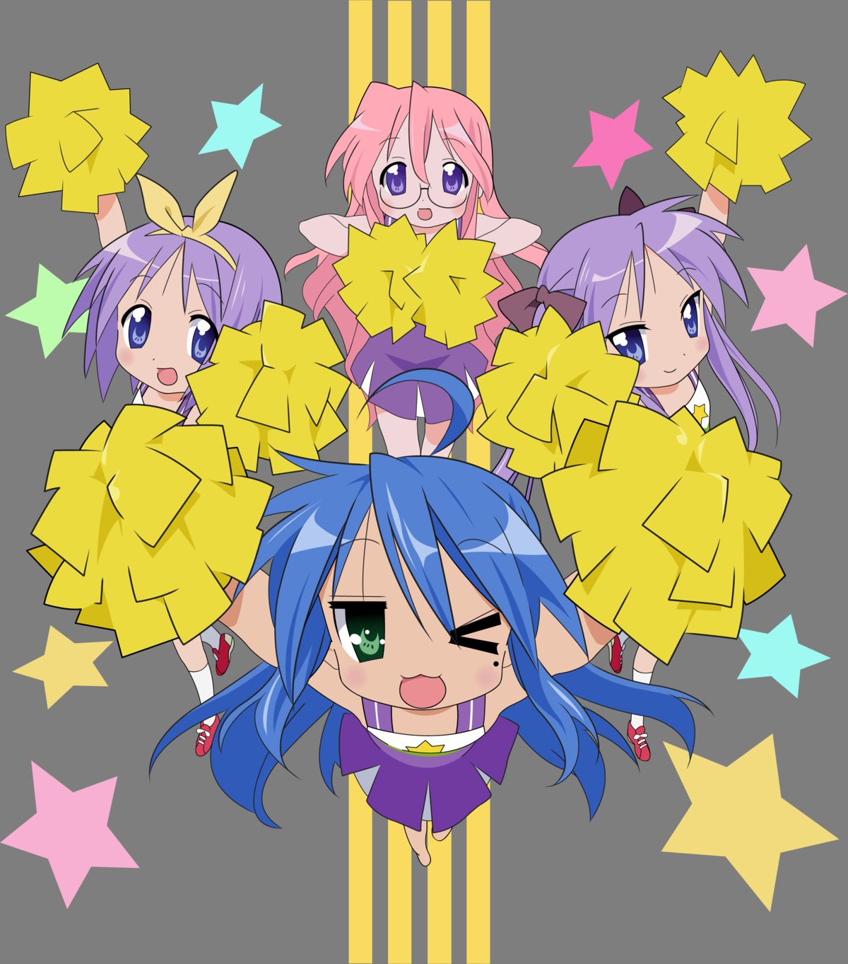 cheerleader hiiragi_kagami hiiragi_tsukasa izumi_konata lucky_star takara_miyuki transparent_png vector_trace