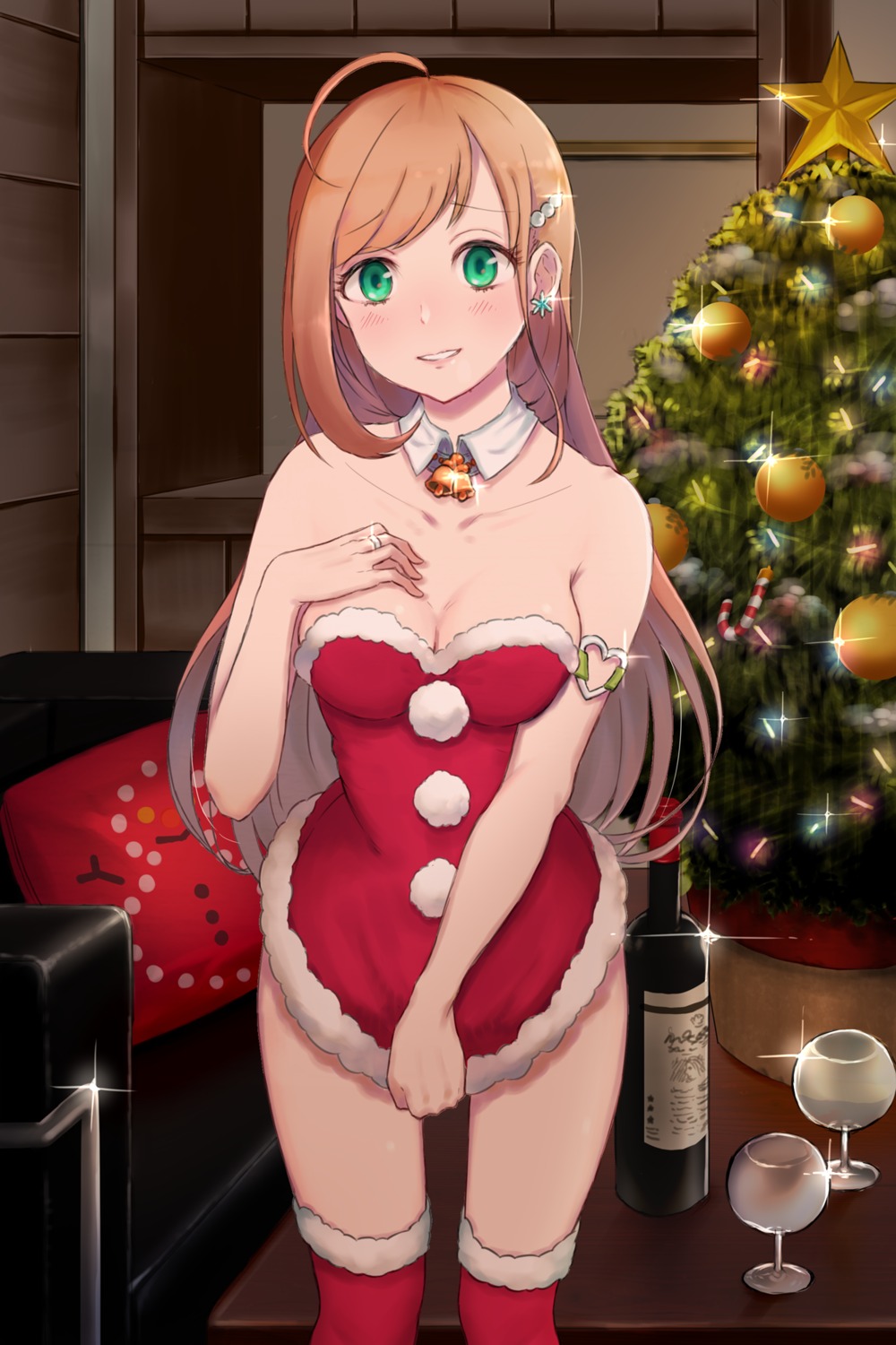 breast_hold christmas cleavage dress rerere satou_shin the_idolm@ster the_idolm@ster_cinderella_girls thighhighs