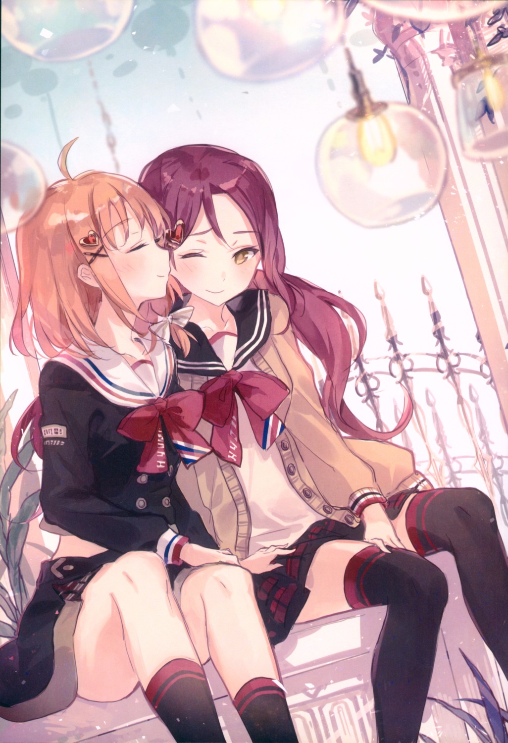 love_live!_sunshine!! sakurauchi_riko seifuku sweater tagme takami_chika thighhighs yuri