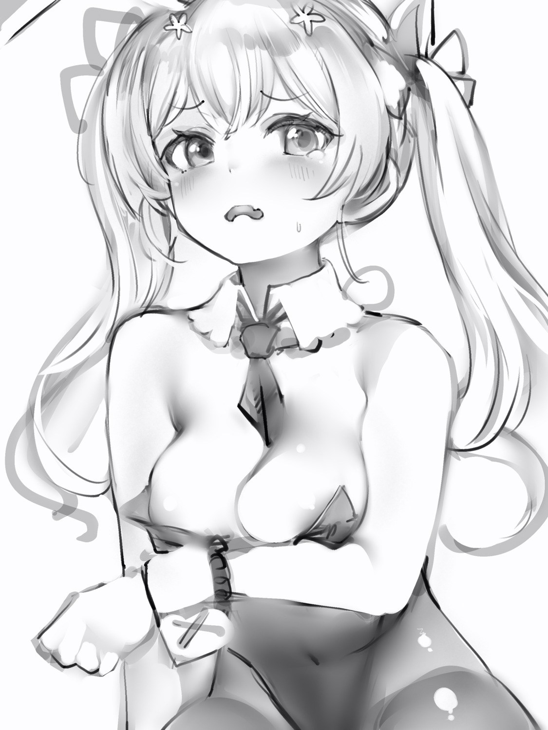 areola breast_hold bunny_girl monochrome nanashi_(nlo74593630) no_bra pantyhose sketch