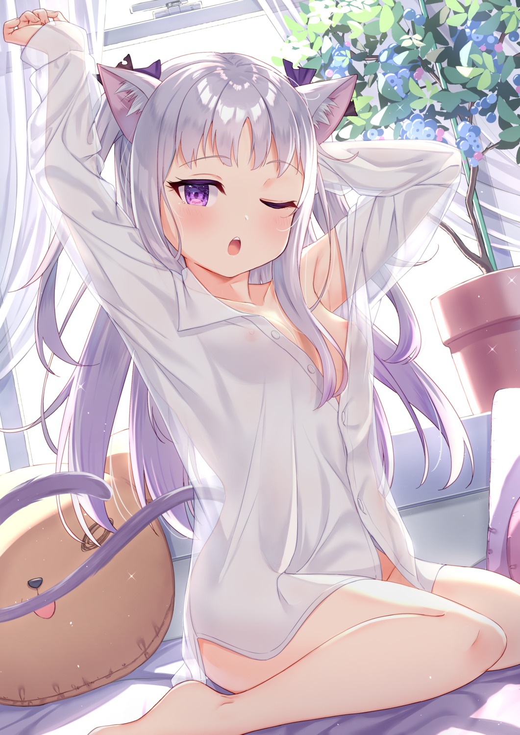 animal_ears bottomless dress_shirt loli nekomimi nipples no_bra open_shirt see_through tail tsuki_usagi