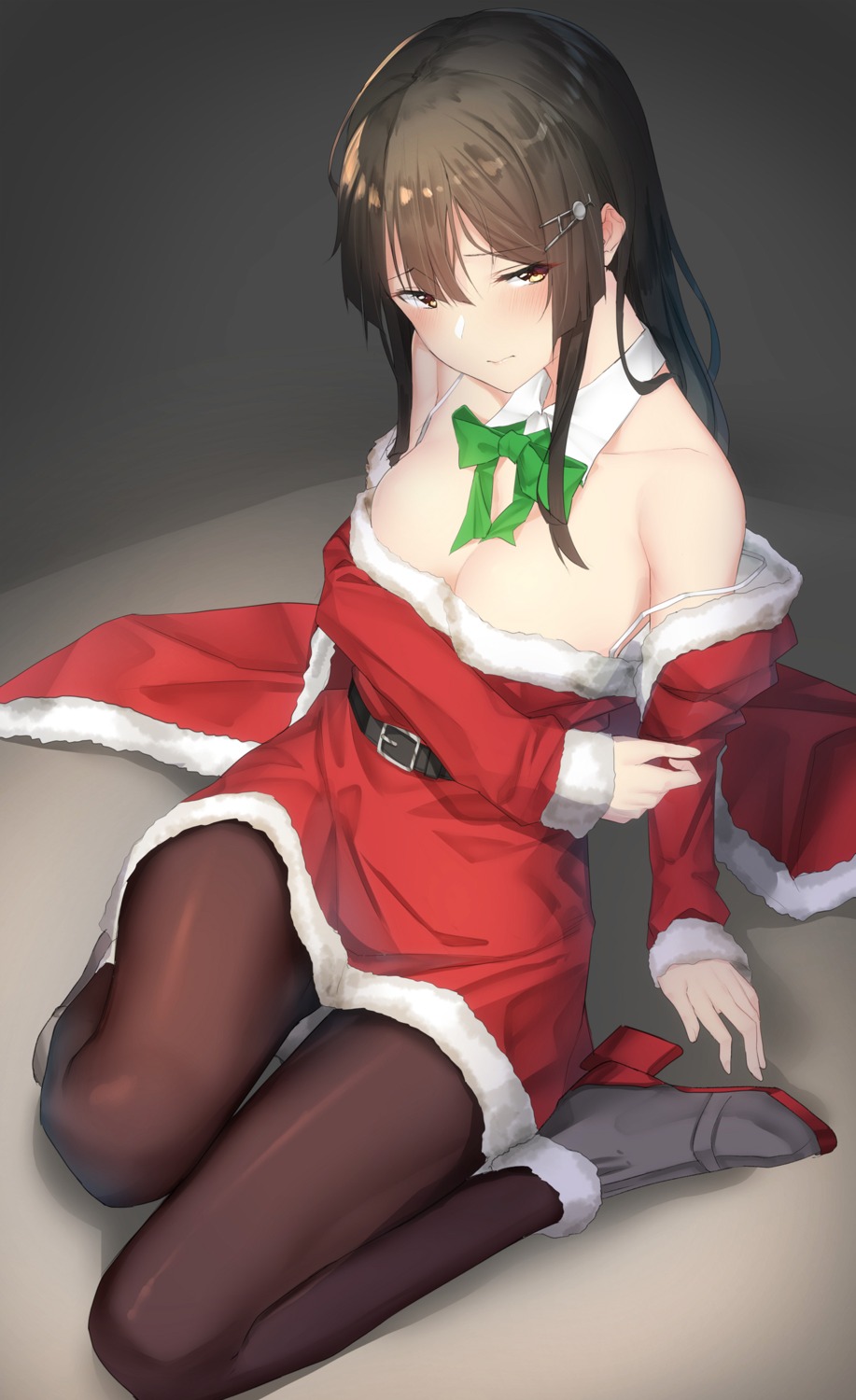 breast_hold christmas cleavage dress heels kantai_collection no_bra open_shirt oyashio_(kancolle) pallad pantyhose