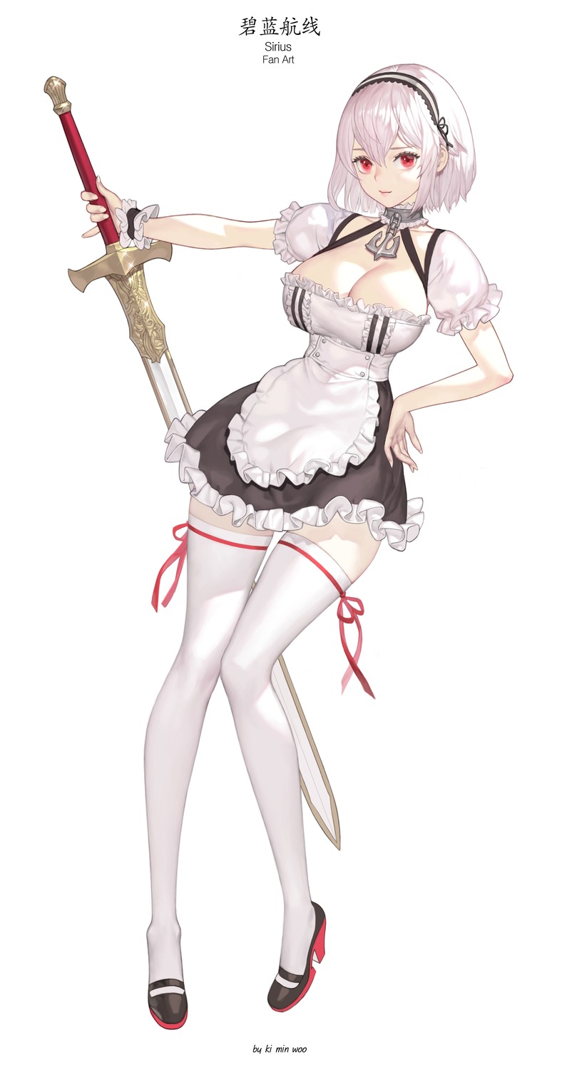 azur_lane heels ki_min-woo maid no_bra sirius_(azur_lane) sword thighhighs