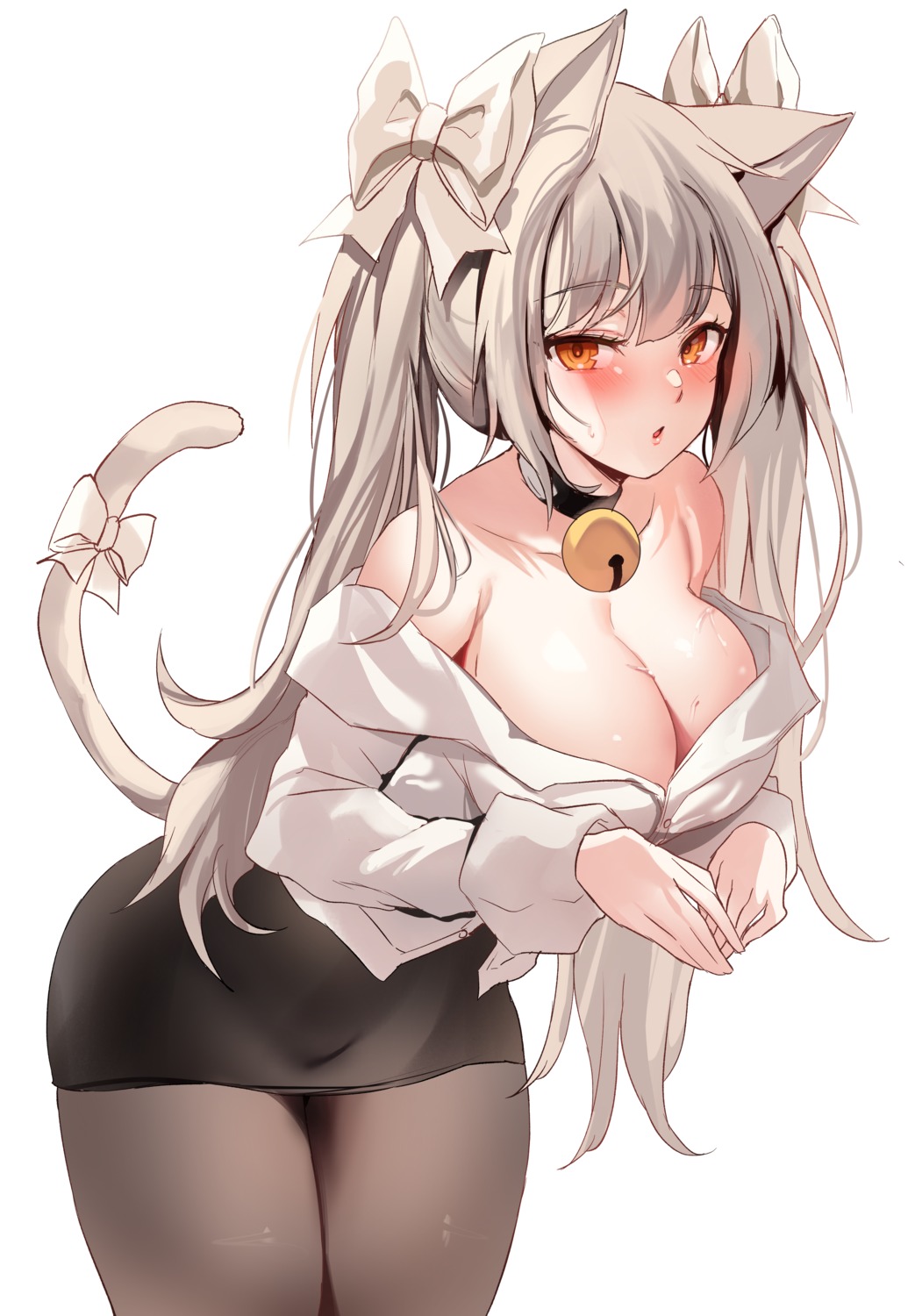 animal_ears dress_shirt nekomimi no_bra open_shirt pantyhose tail zerocat